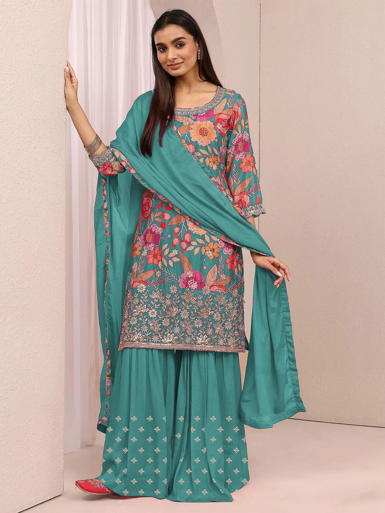 Turquoise  Floral Printed Salwar Kameez