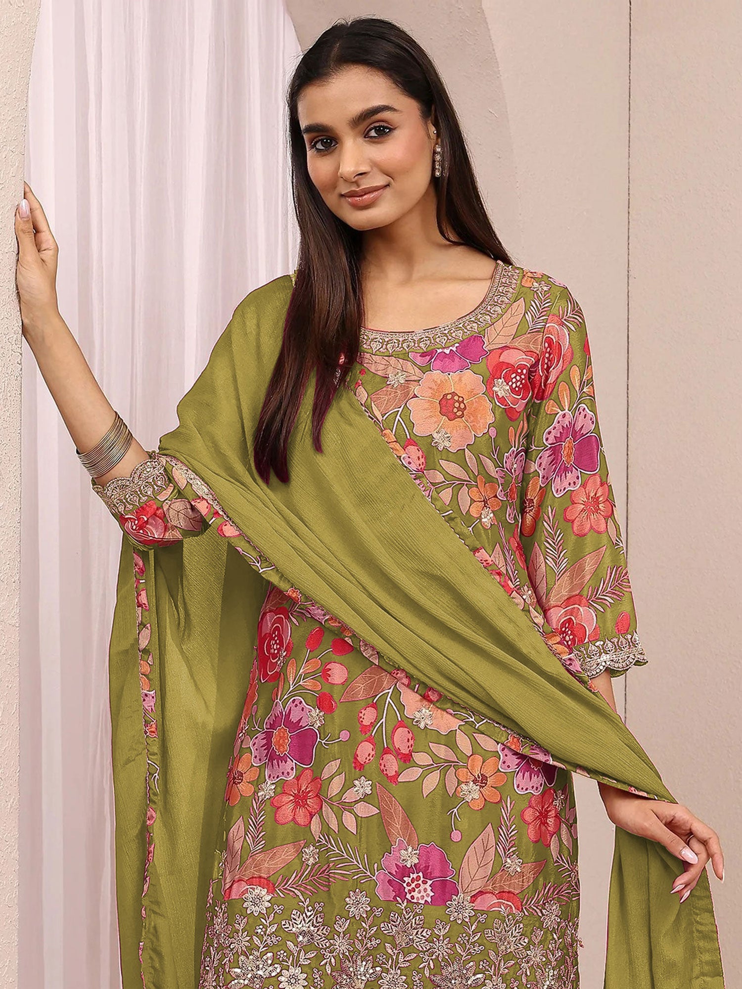 Olive Green Silk Sharara Suit With Dupatta
