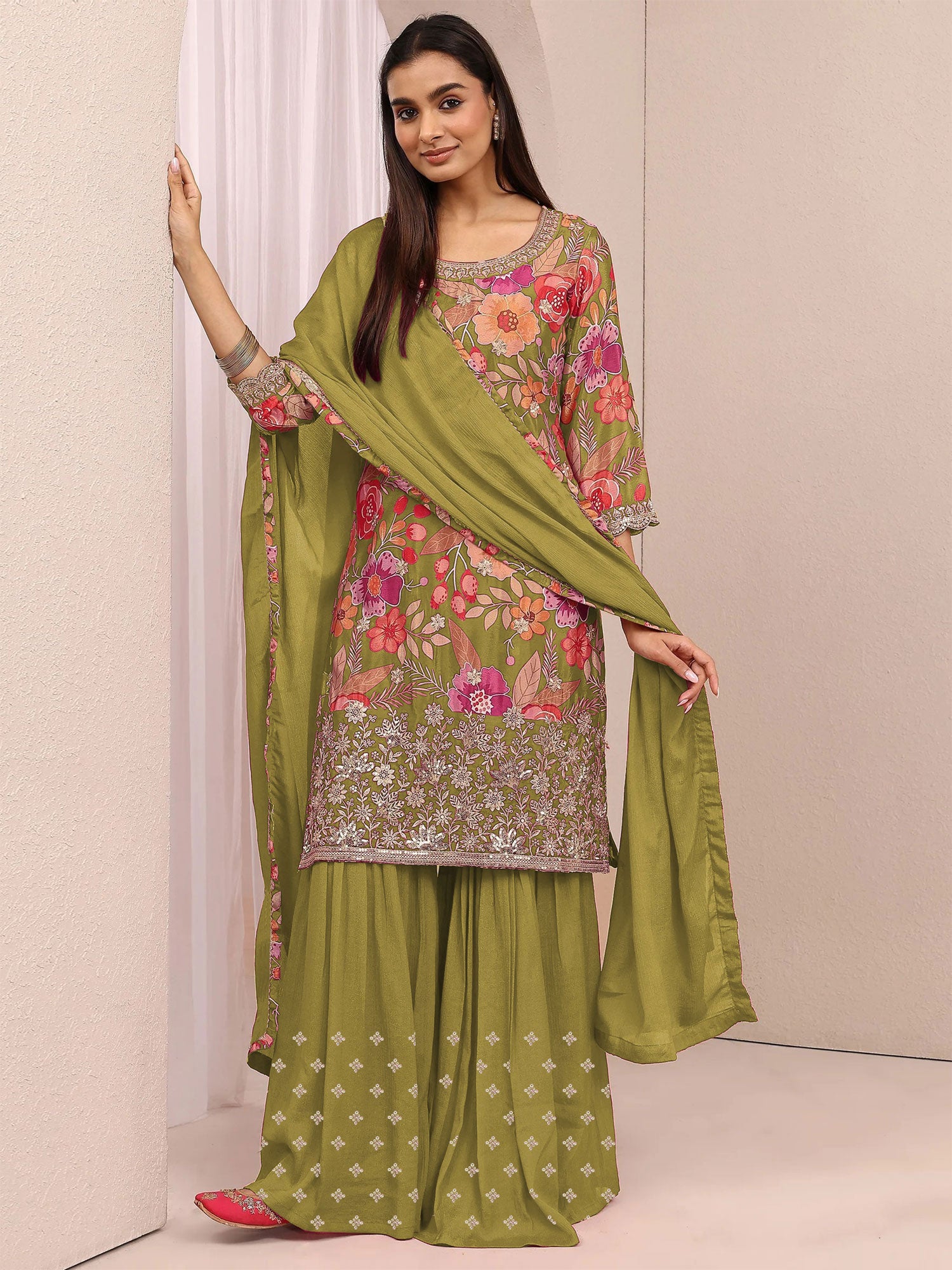 Olive Green Silk Sharara Suit With Dupatta