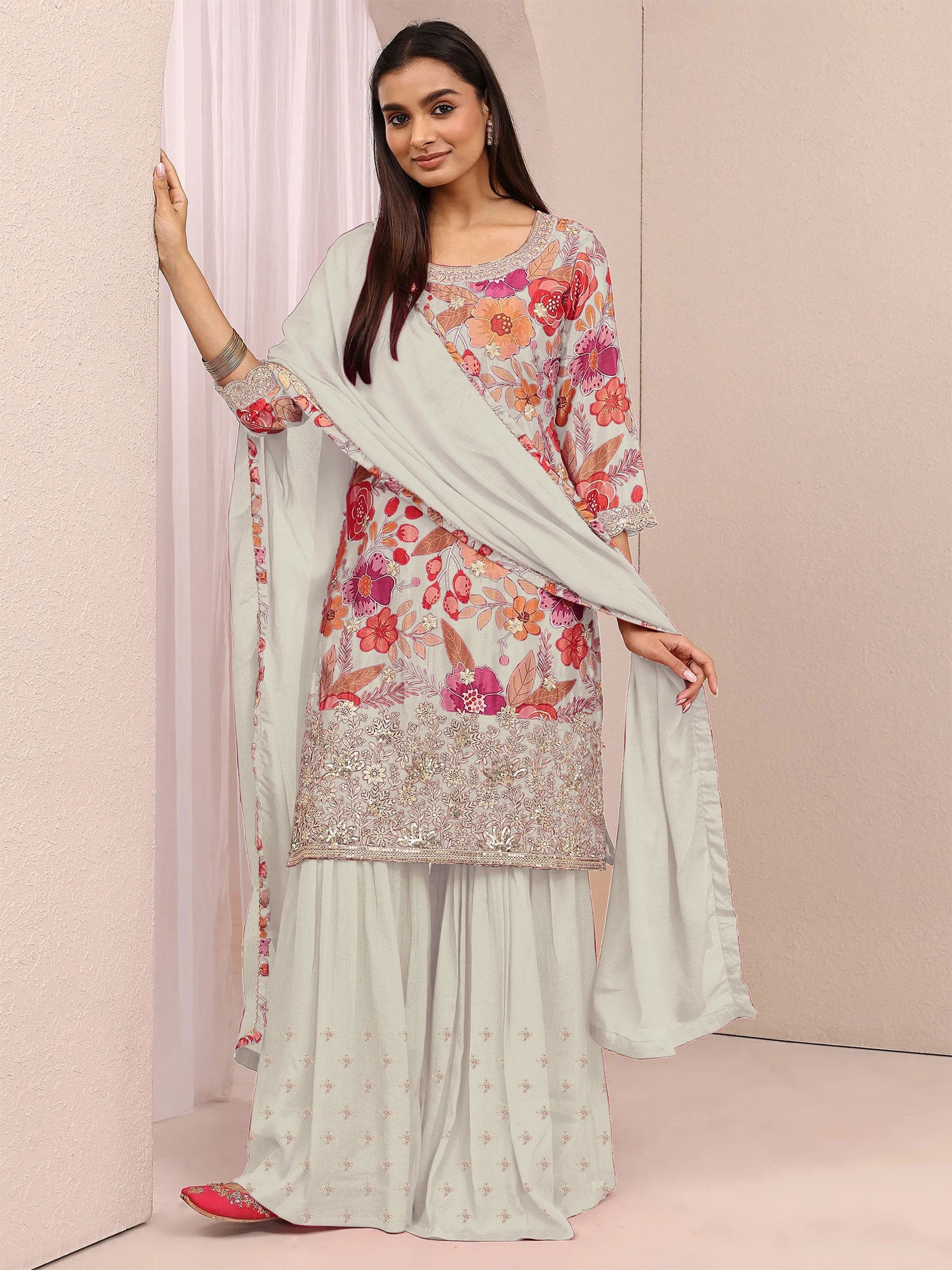 White Printed Sharara Style Salwar Suit