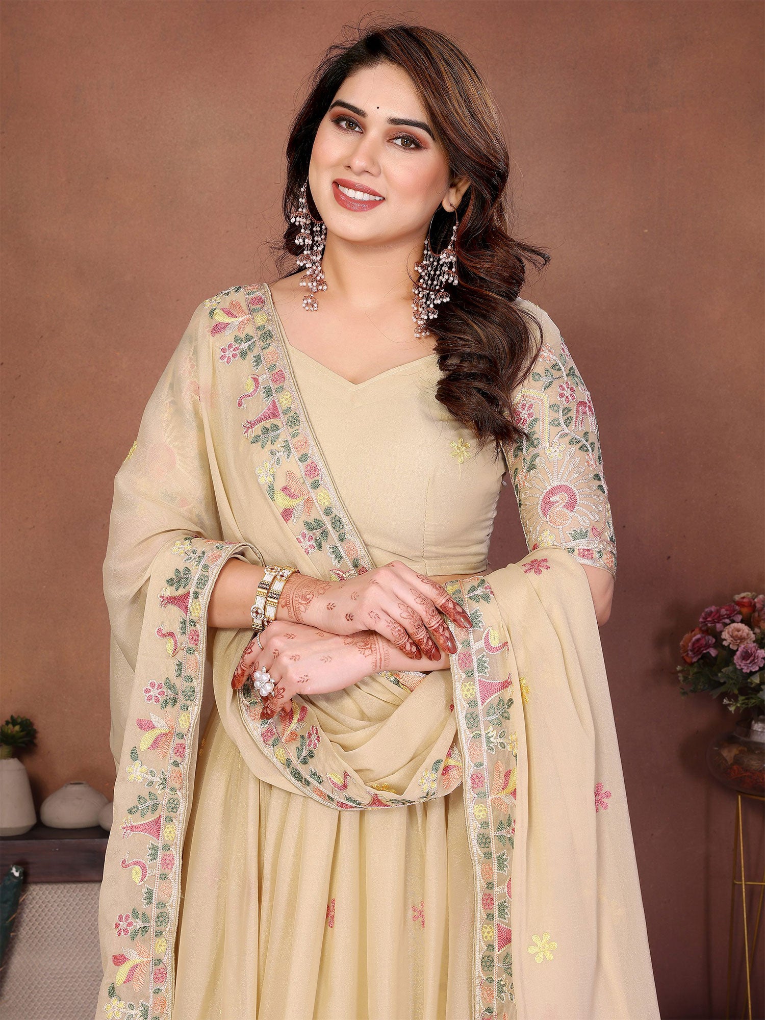 Cream Thread Work Georgette Lehenga Choli