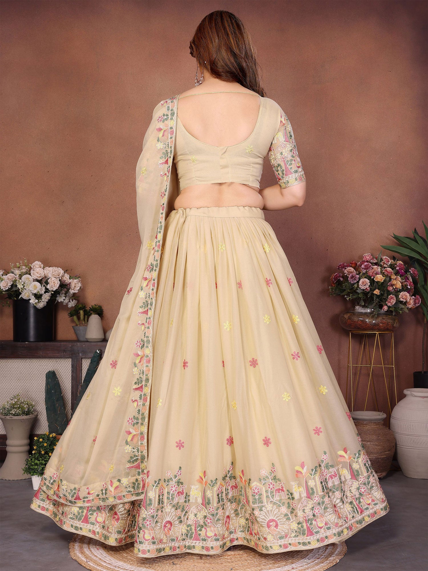 Cream Thread Work Georgette Lehenga Choli