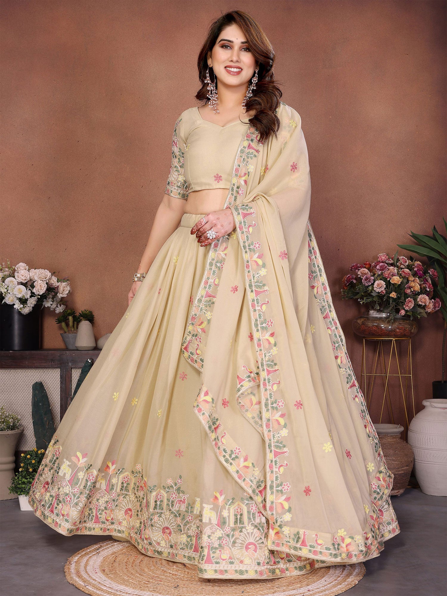 Cream Thread Work Georgette Lehenga Choli
