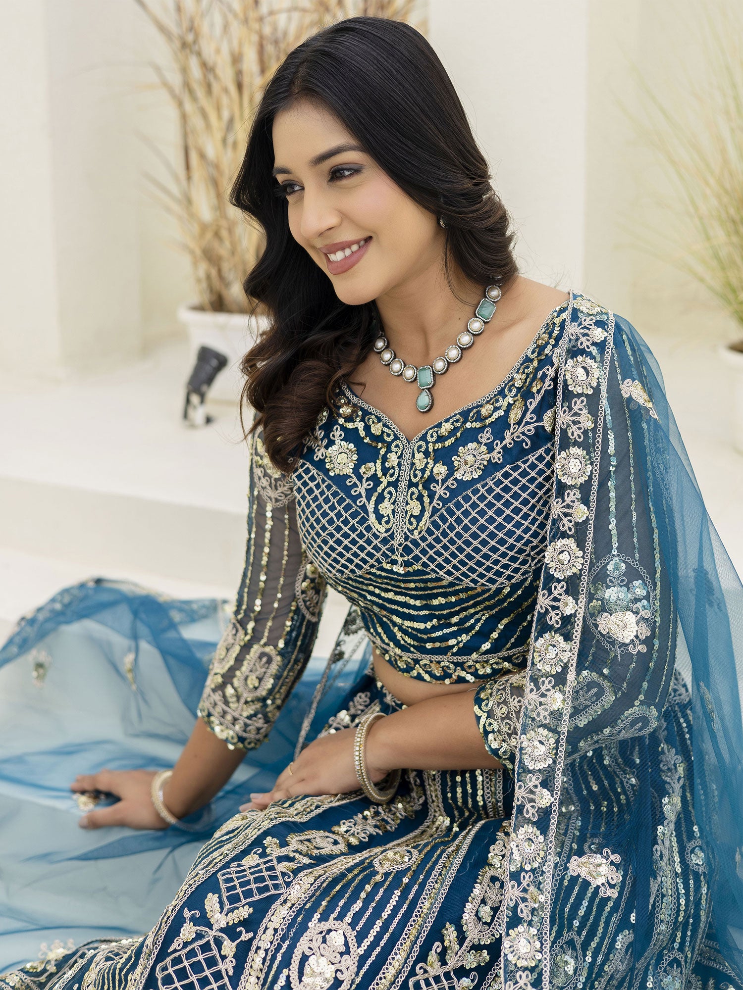 Blue Heavy Sequins Work Embroidered Lehenga Set