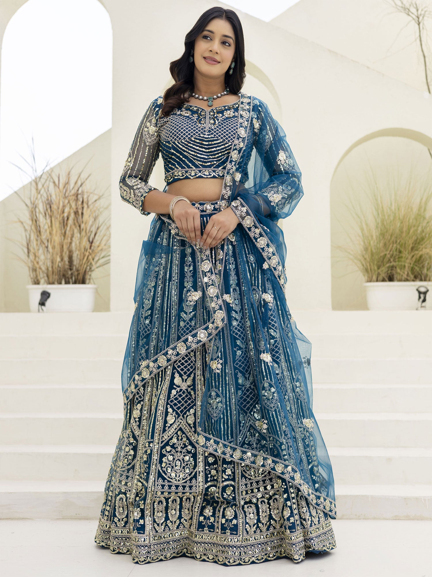 Blue Heavy Sequins Work Embroidered Lehenga Set