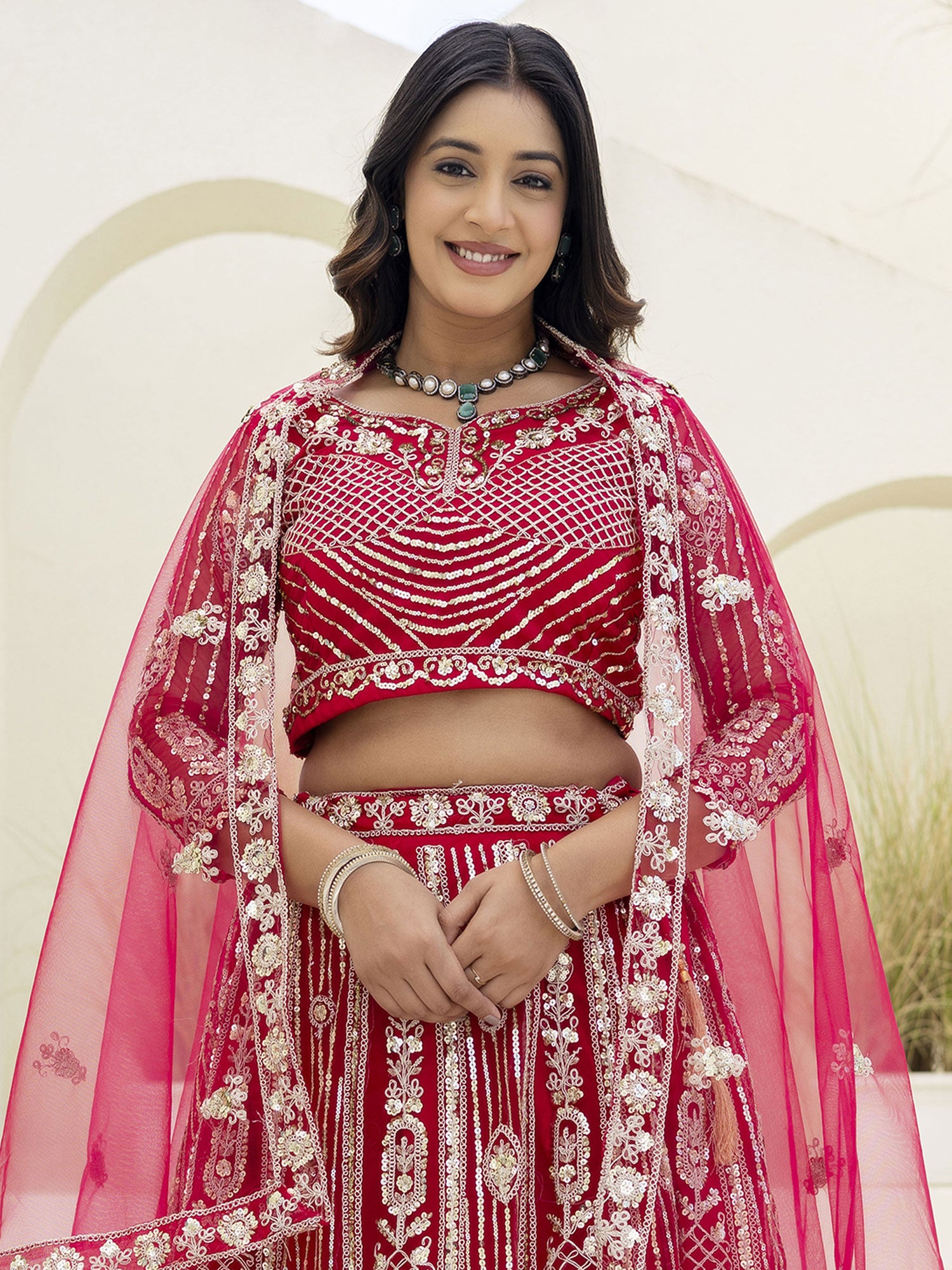 Pink Embroidered Bridesmaid Lehenga Set In Net