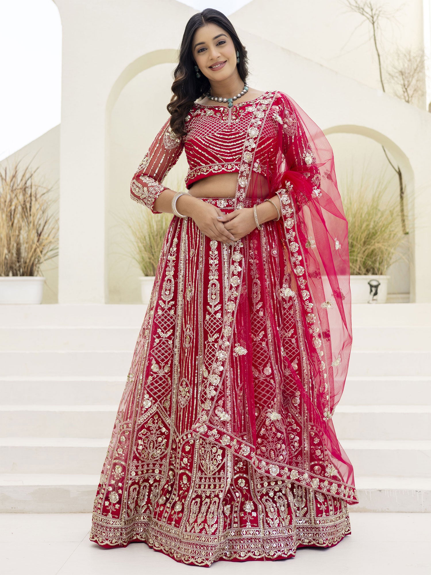 Pink Embroidered Bridesmaid Lehenga Set In Net