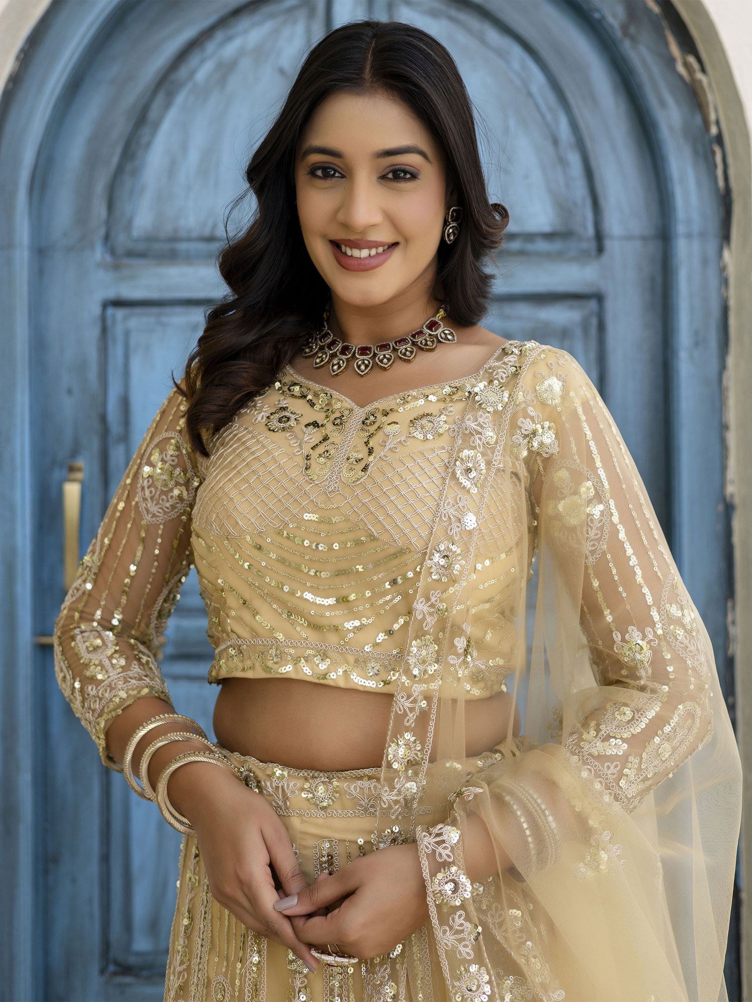 Cream Party Lehenga Set In Sequins Embroidery