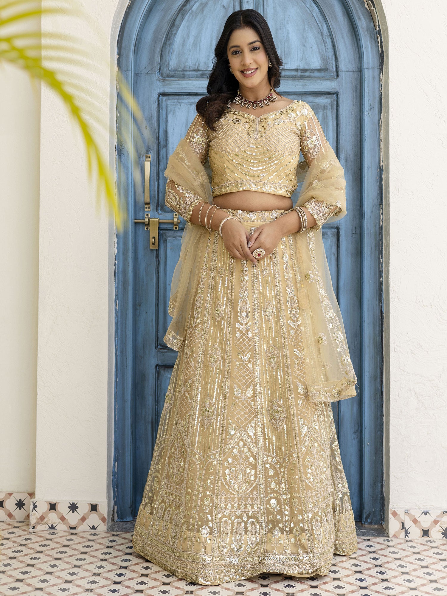 Cream Party Lehenga Set In Sequins Embroidery