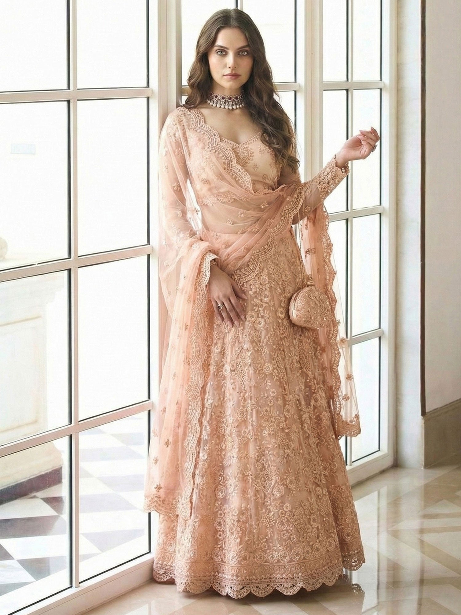 Light Peach Party Wear Net Lehenga Choli