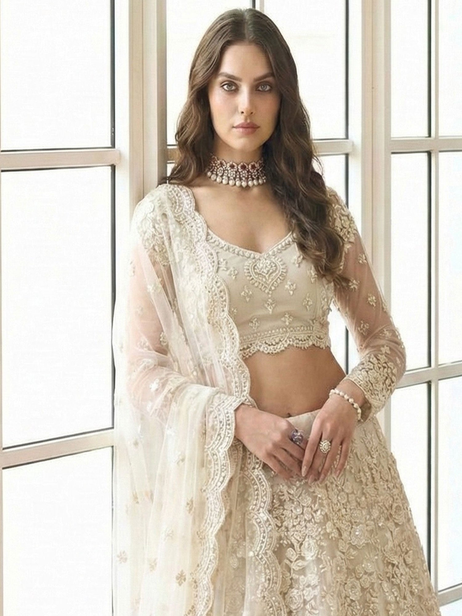 White Sequins Work Party Lehenga Set In Net