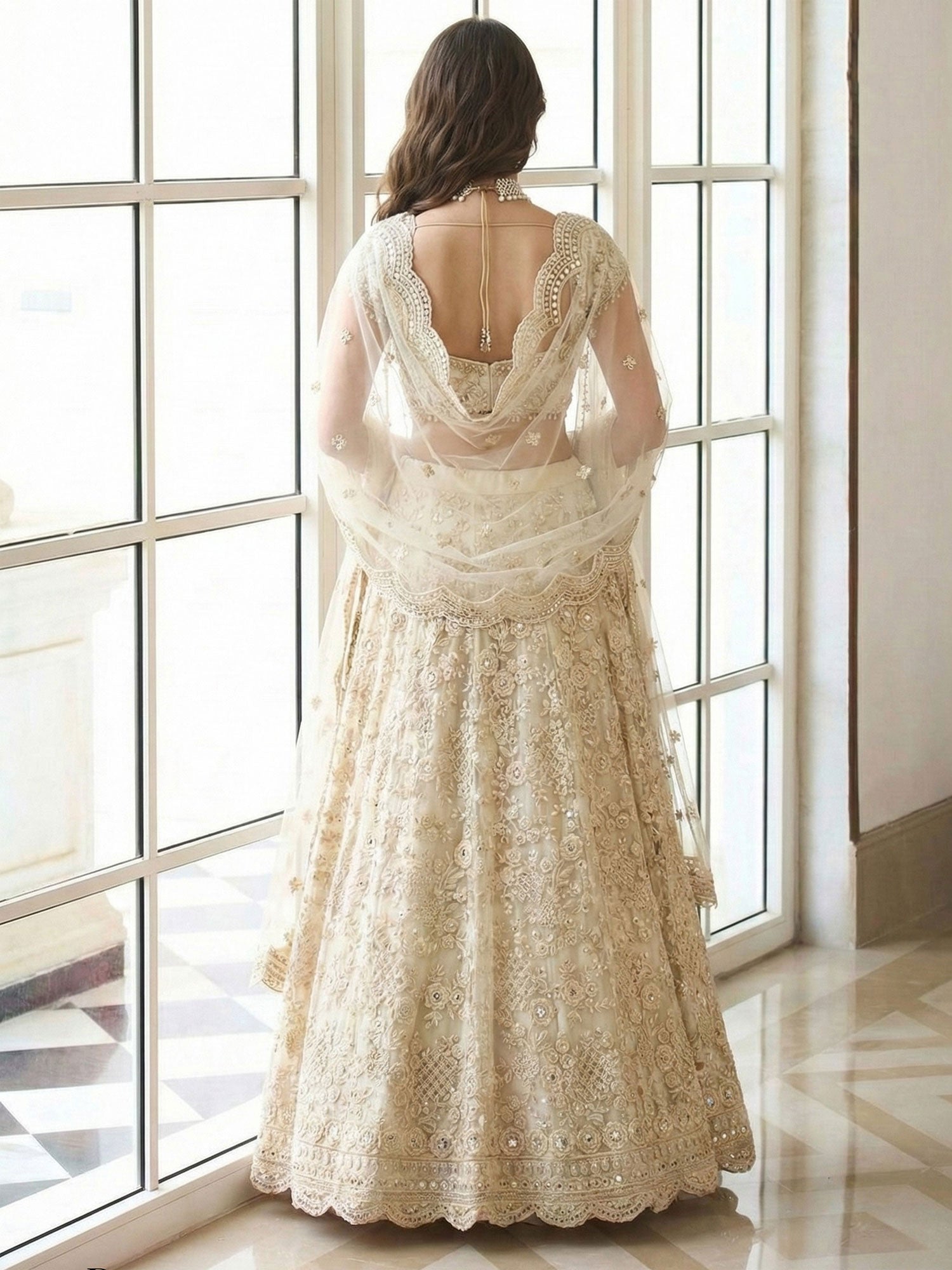 White Sequins Work Party Lehenga Set In Net