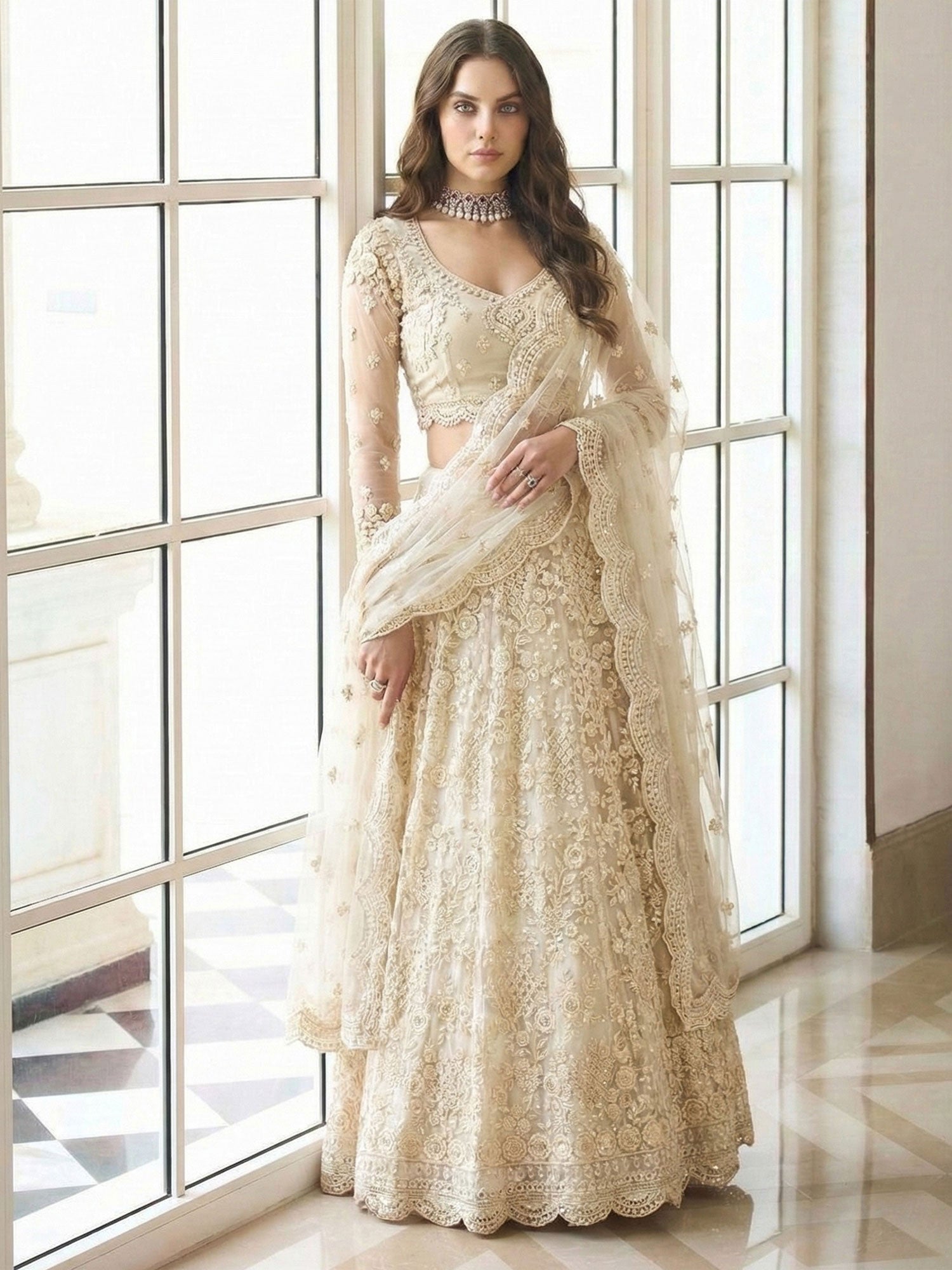 White Sequins Work Party Lehenga Set In Net