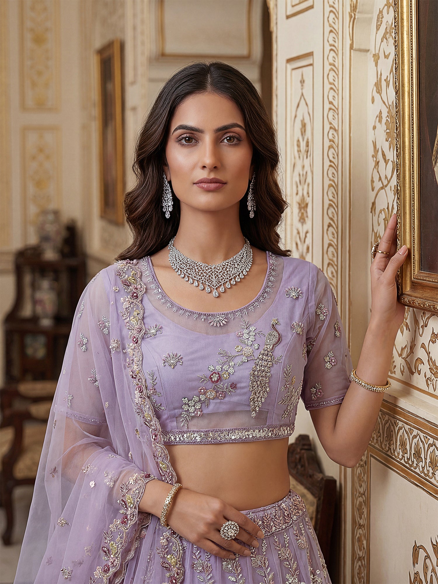 Lilac Floral Thread Work Embroidered Lehenga Set