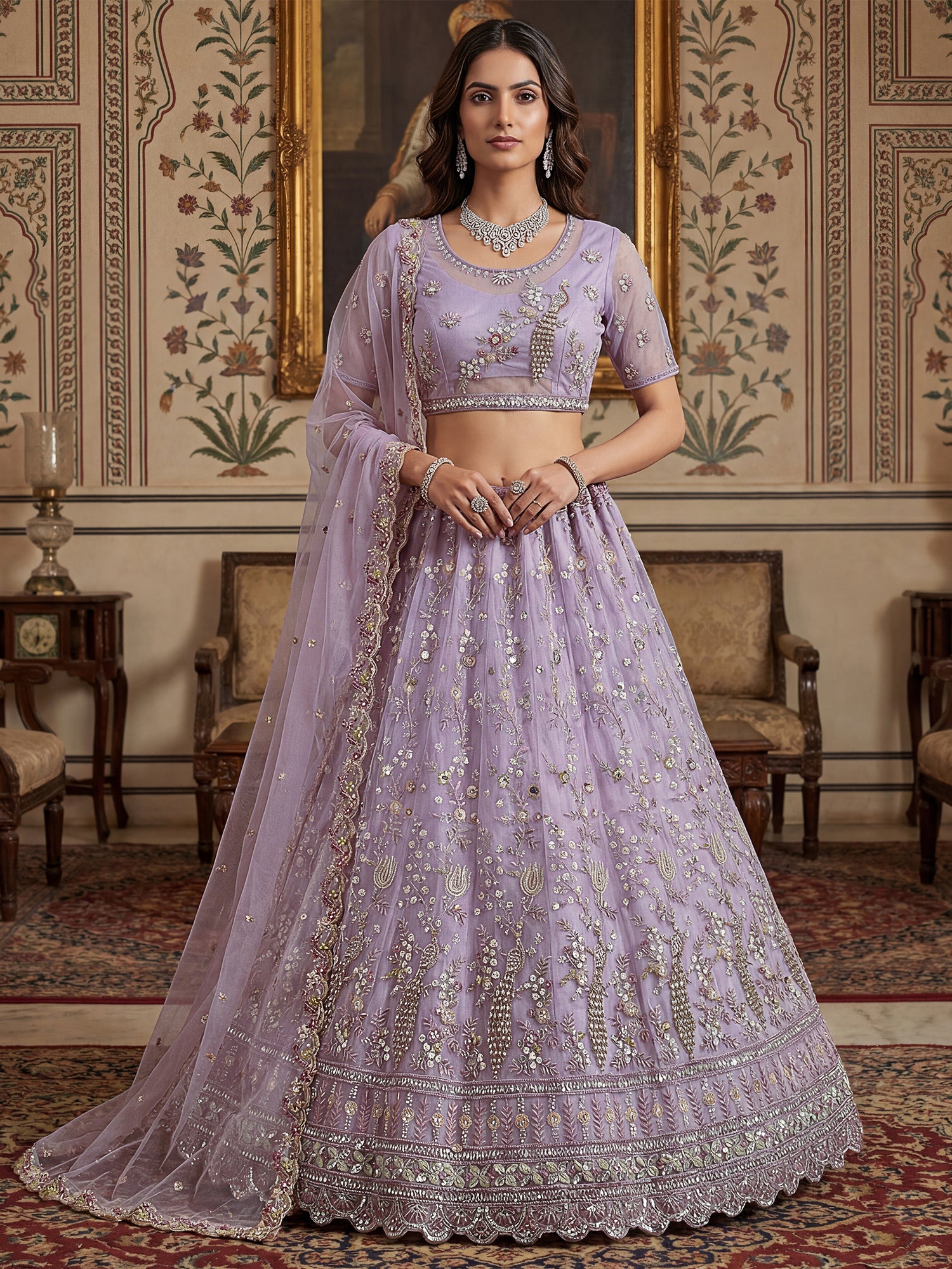 Lilac Floral Thread Work Embroidered Lehenga Set