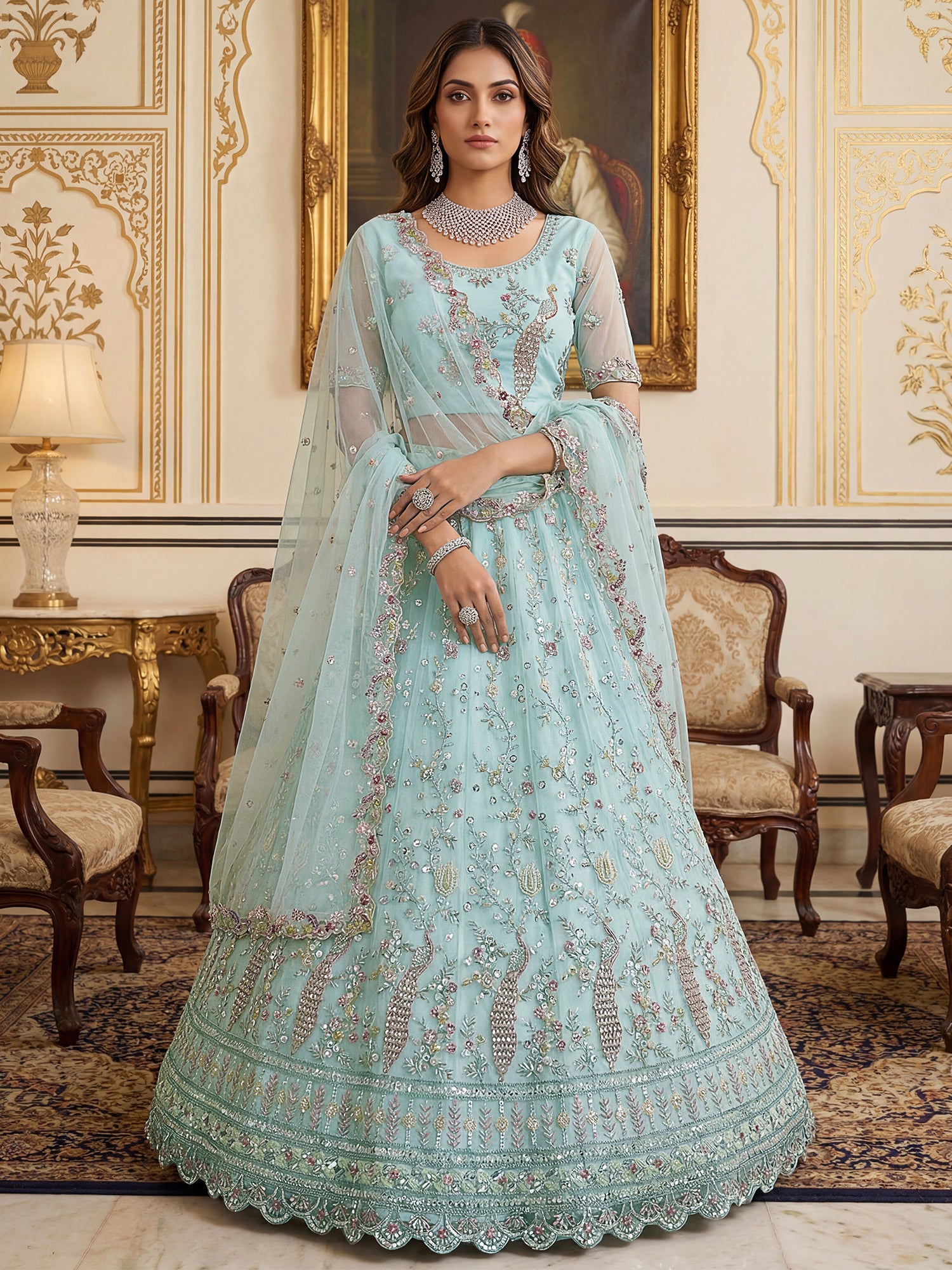 Sky Blue Bridesmaid Net Lehenga Set With Dupatta