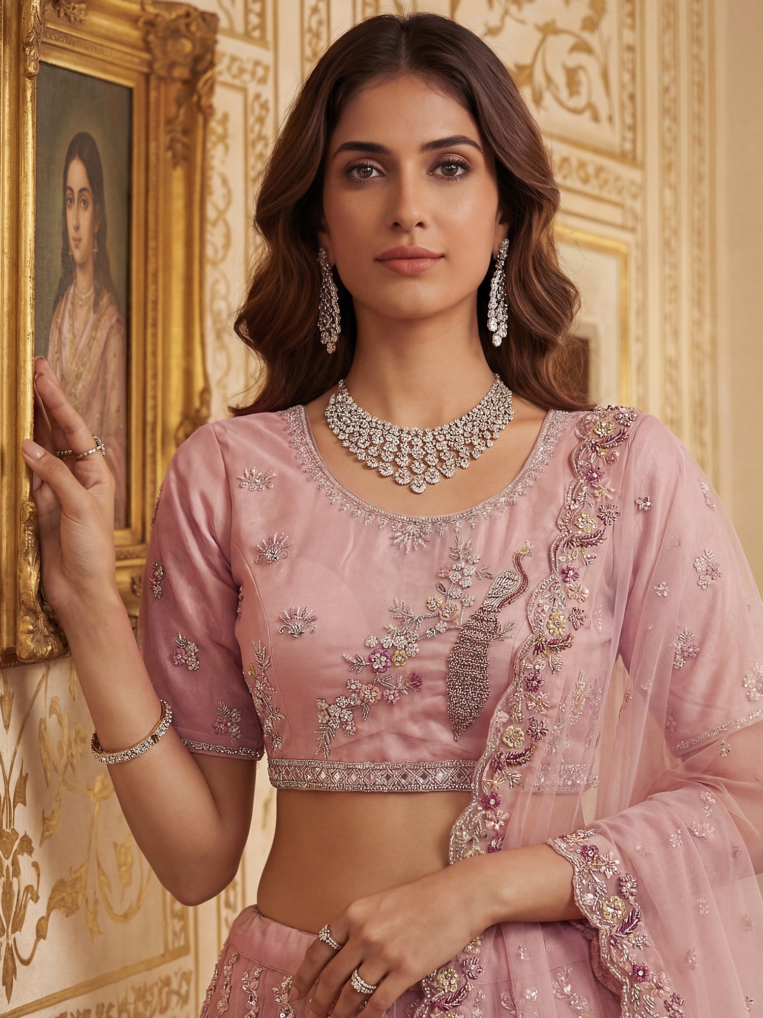 Pink Heavy Floral Embellished Net Lehenga Set