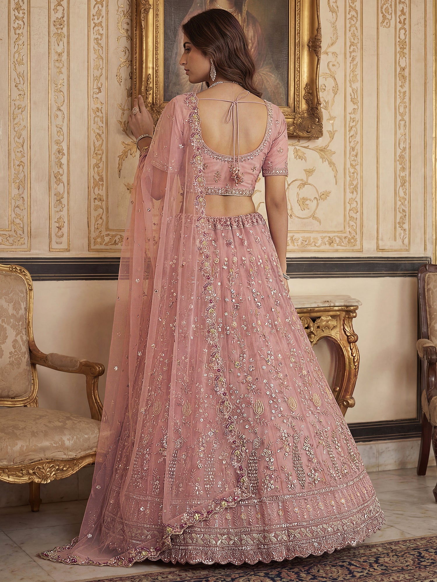 Pink Heavy Floral Embellished Net Lehenga Set