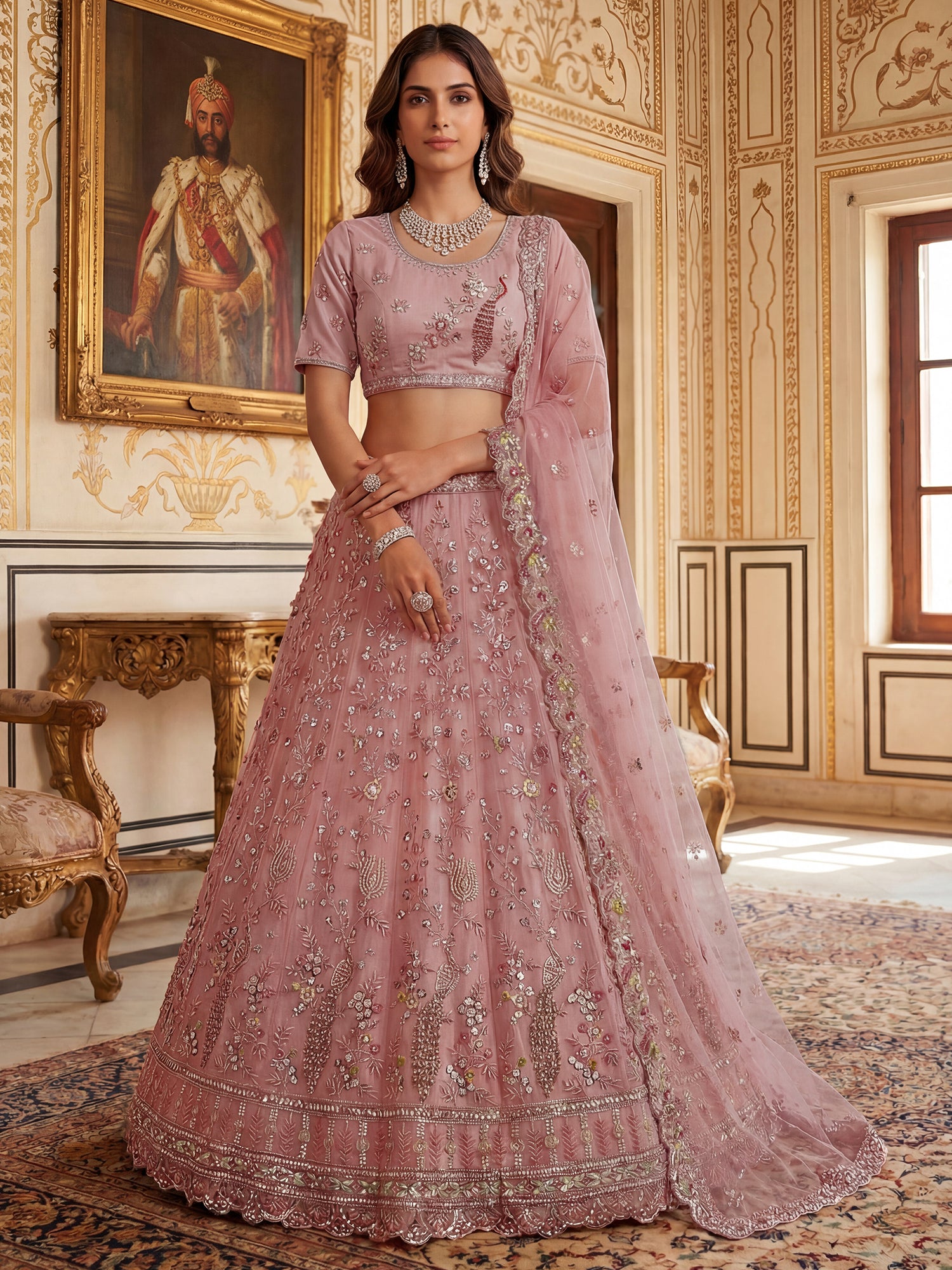 Pink Heavy Floral Embellished Net Lehenga Set