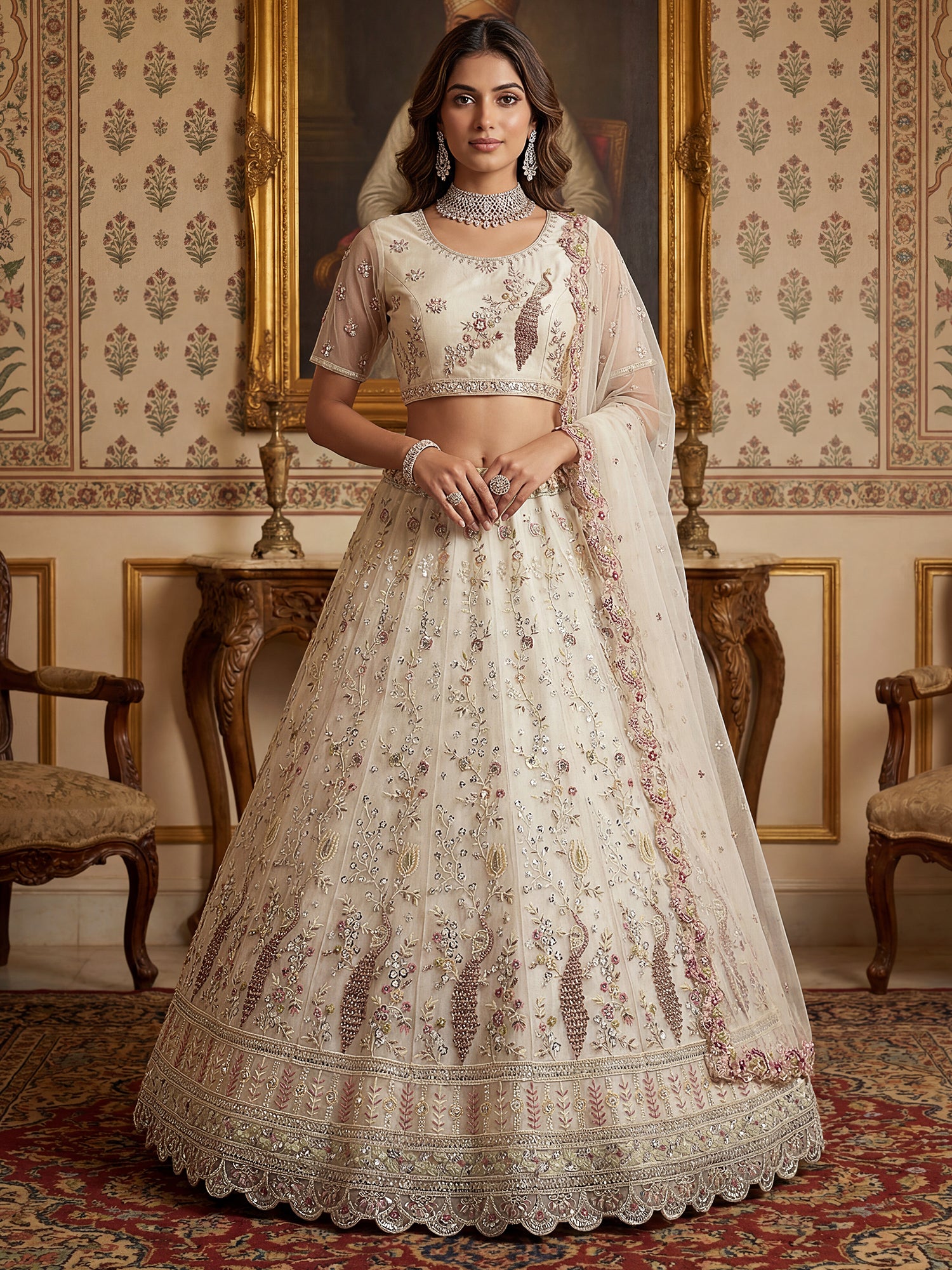 Off White Wedding Lehenga Choli With Net Dupatta