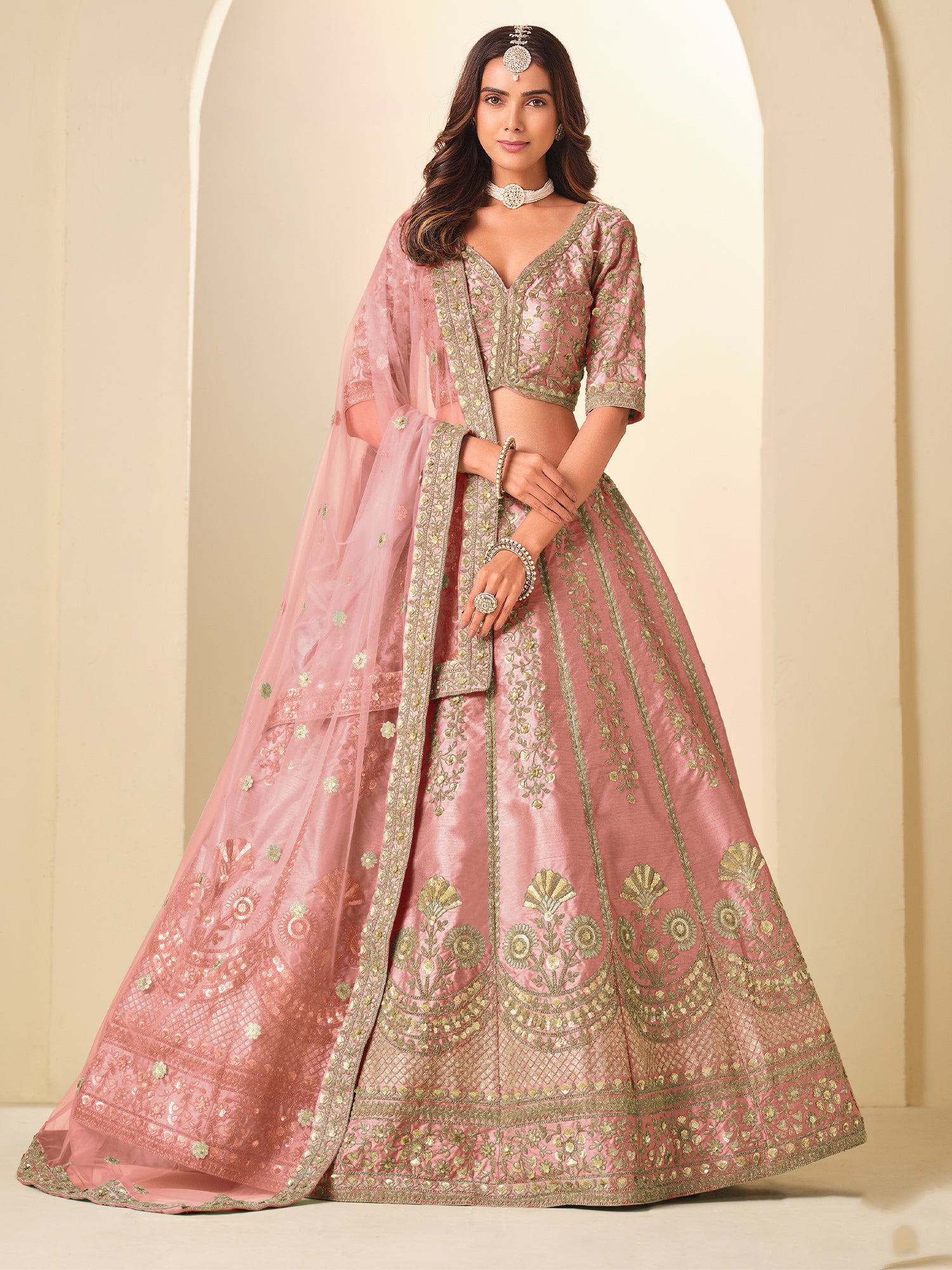 Blush Pink Floral Zari Embroidered Lehenga Set
