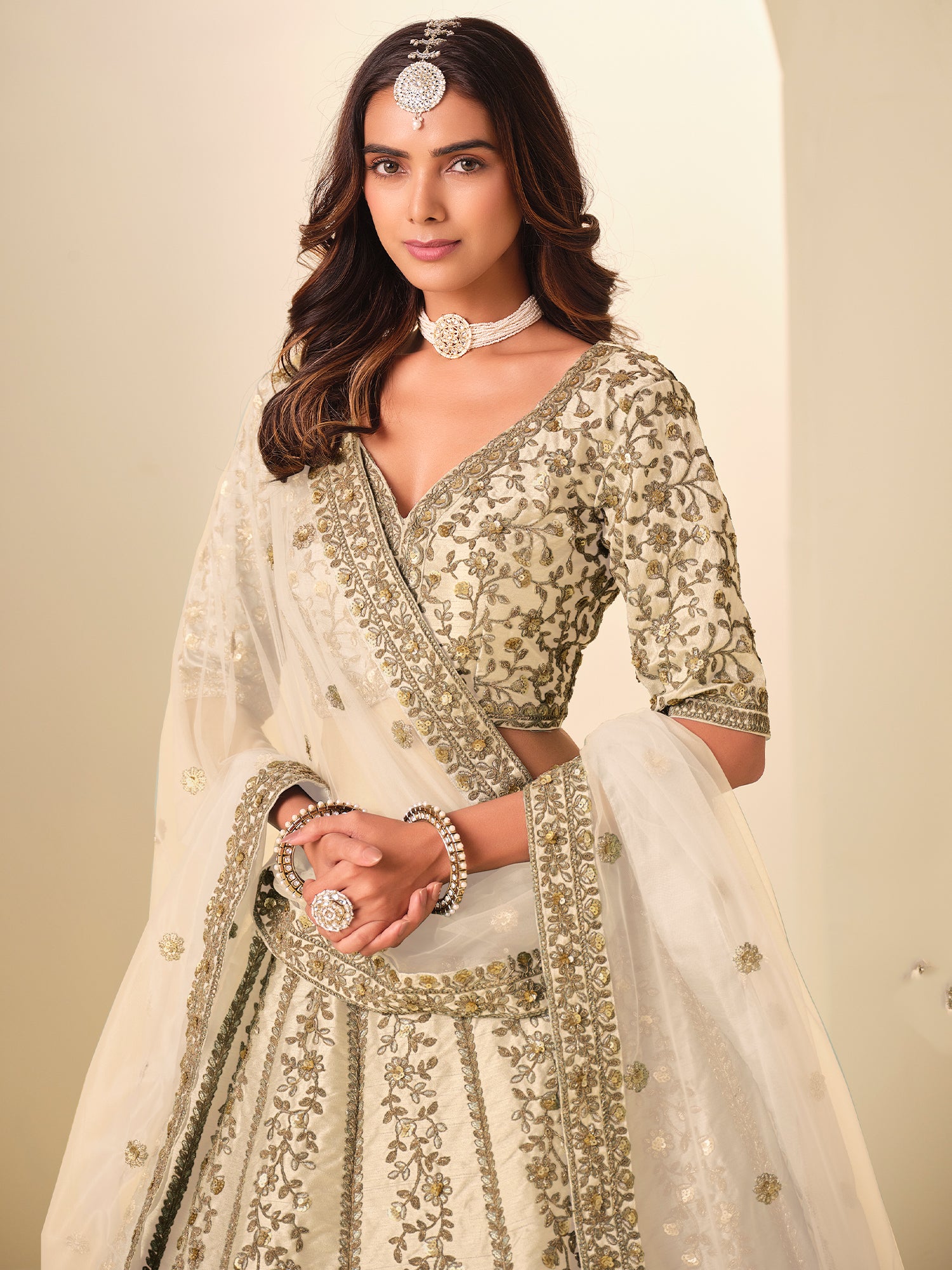 Light Cream Art Silk Lehenga Set With Dupatta