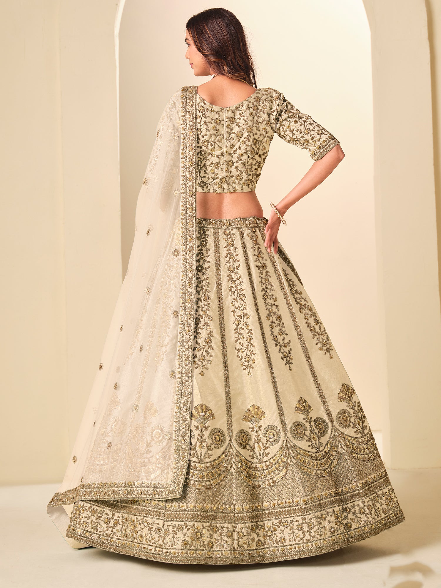 Light Cream Art Silk Lehenga Set With Dupatta