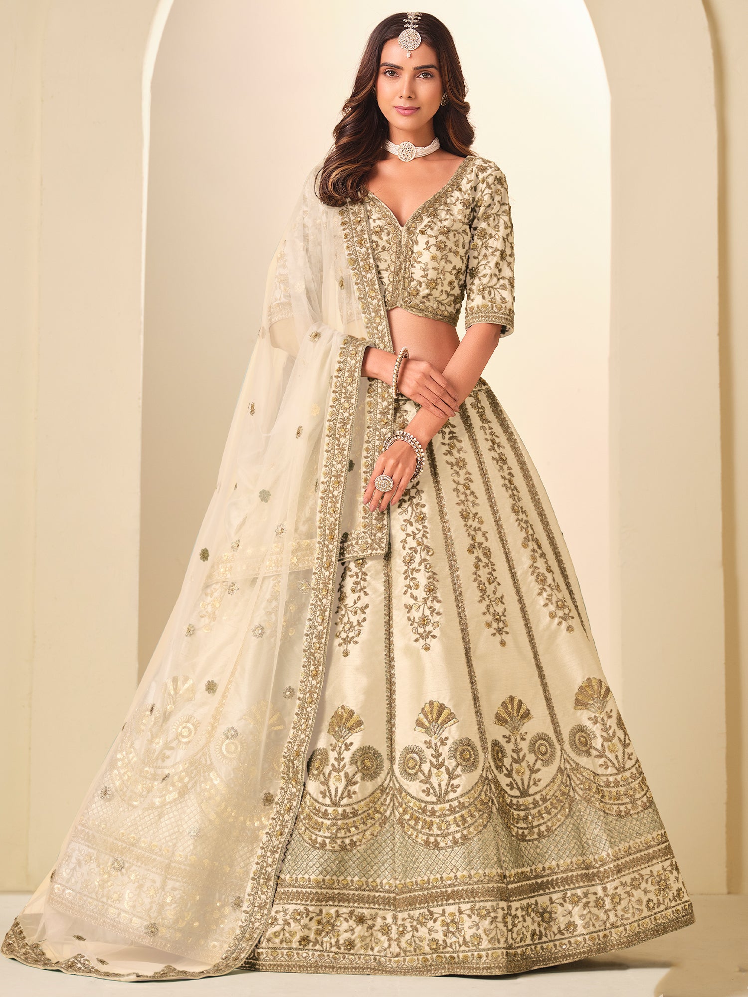 Light Cream Art Silk Lehenga Set With Dupatta