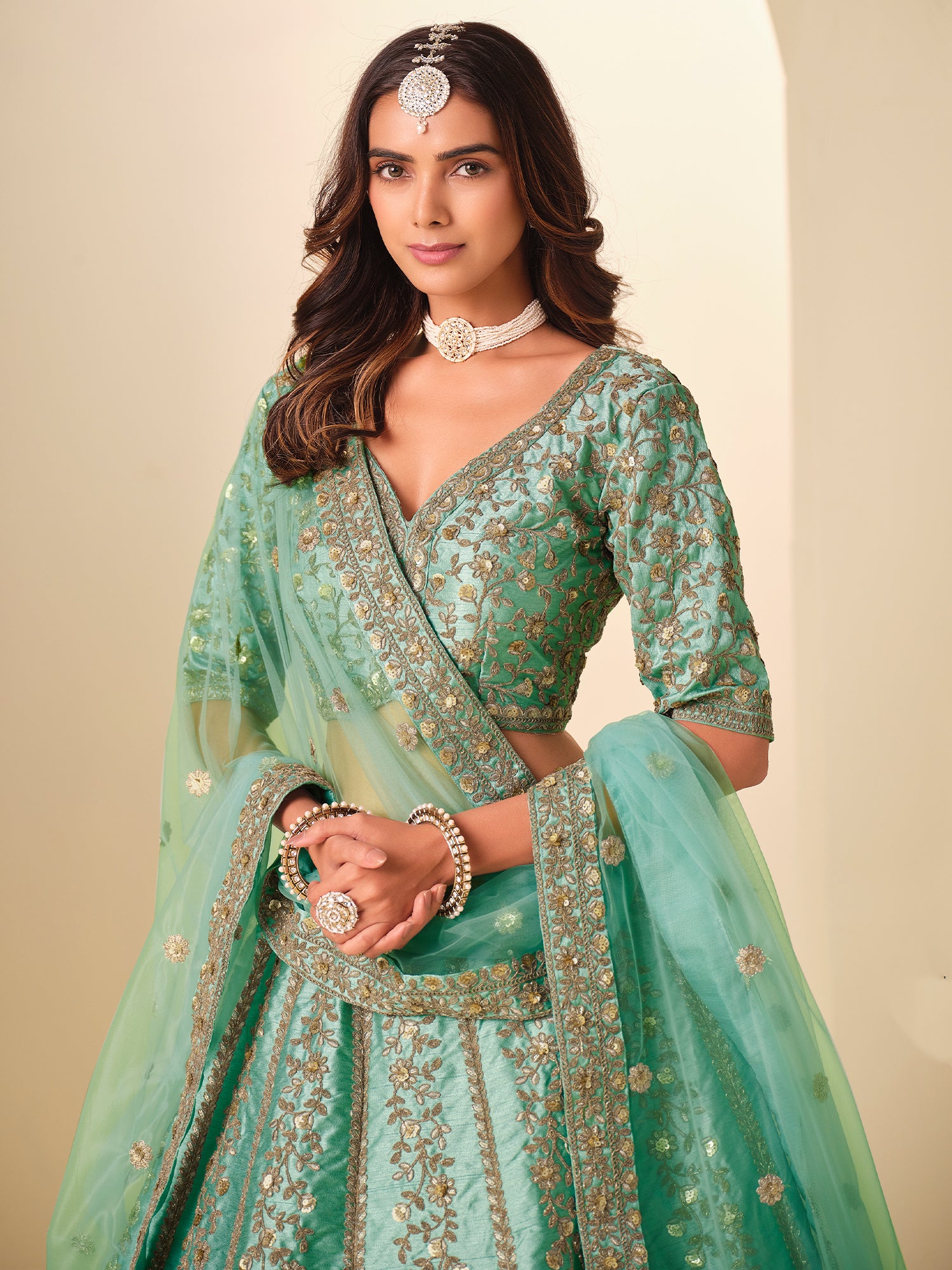 Turquoise Zari Work Wedding Lehenga Set