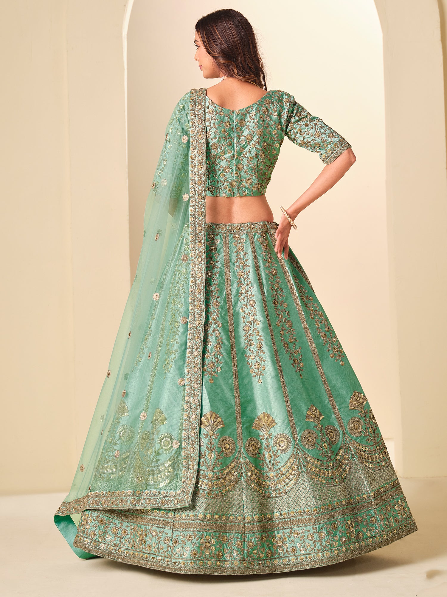 Turquoise Zari Work Wedding Lehenga Set