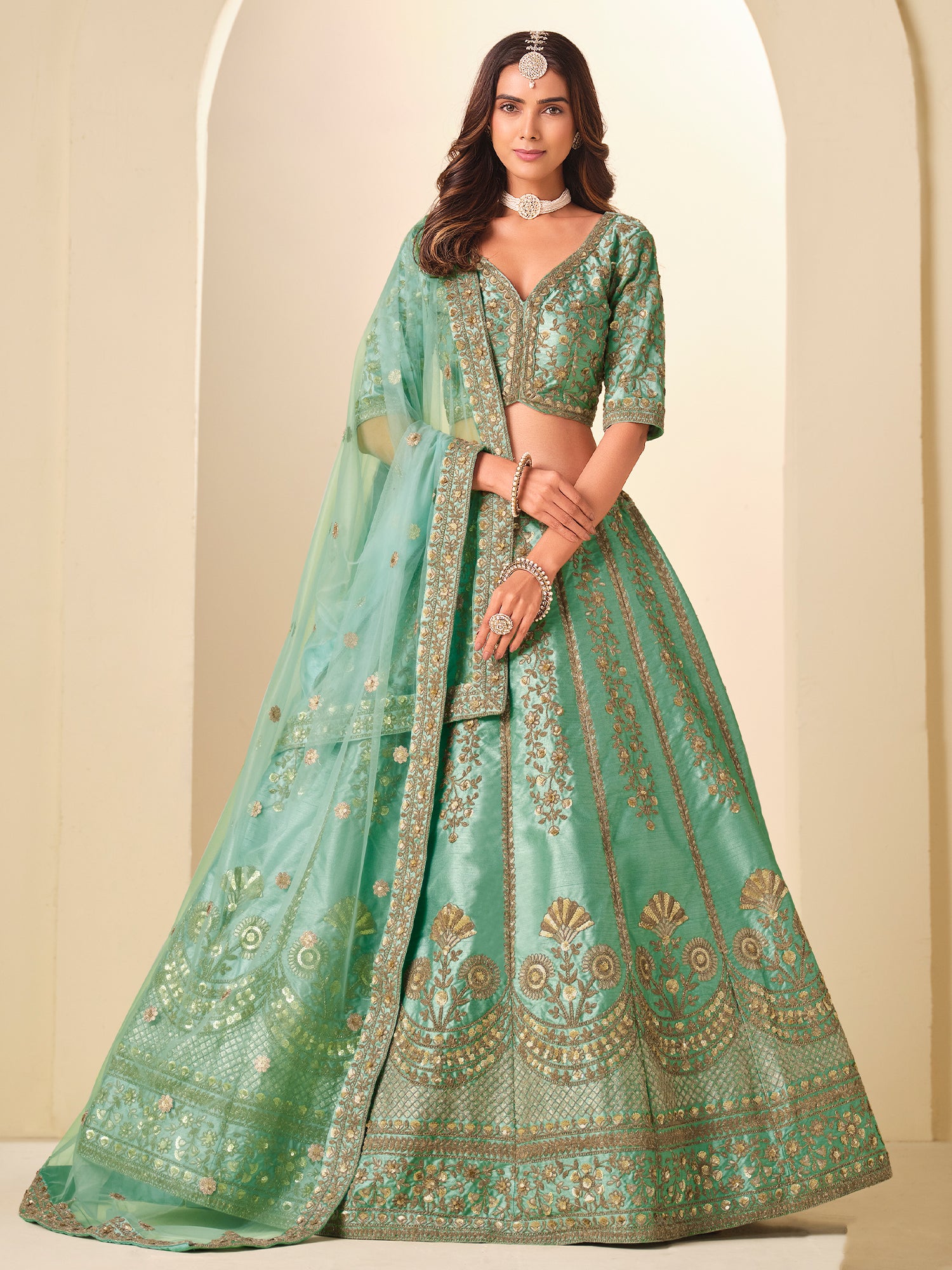Turquoise Zari Work Wedding Lehenga Set