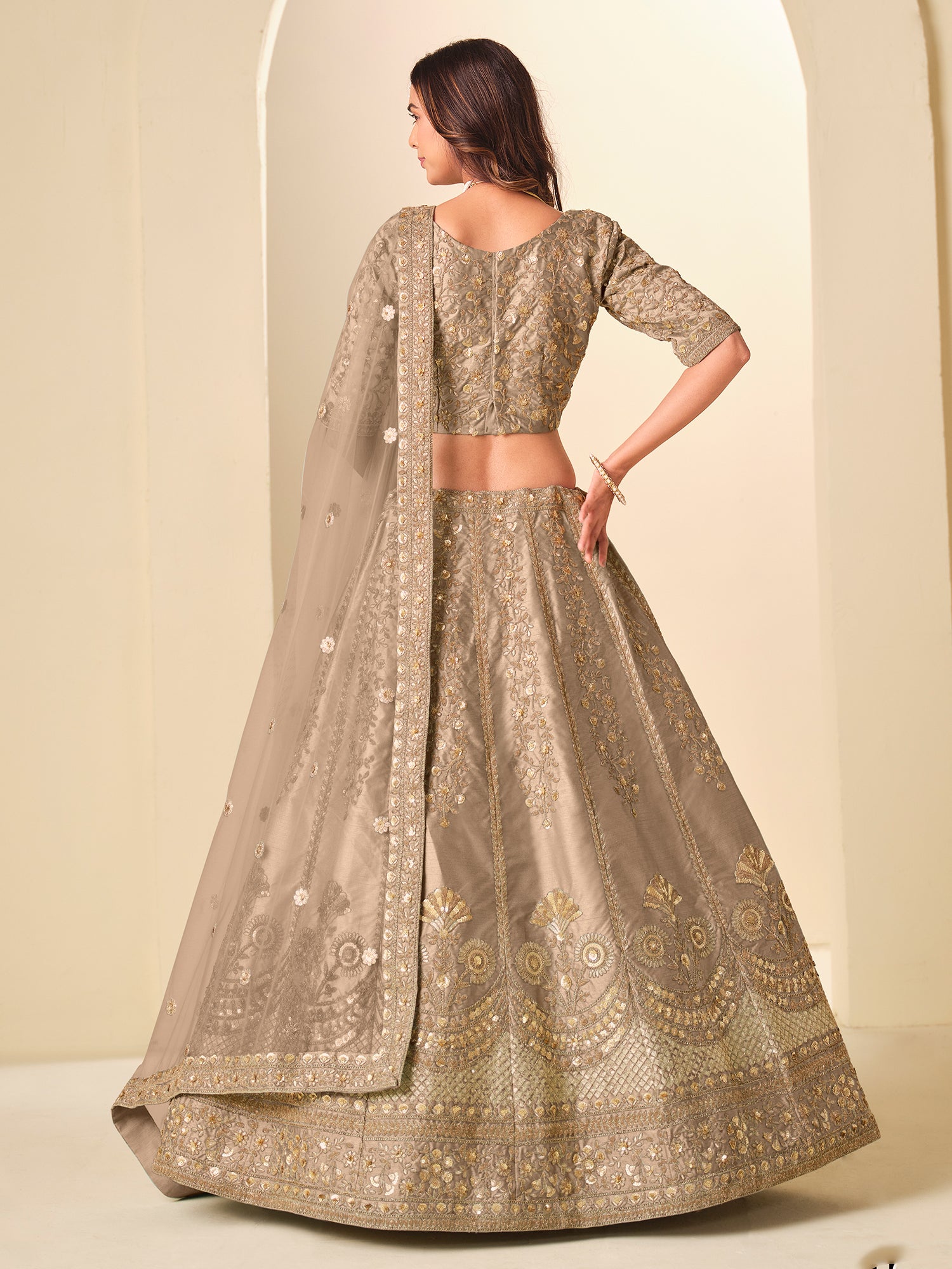Beige Silk Lehenga Choli With Net Dupatta