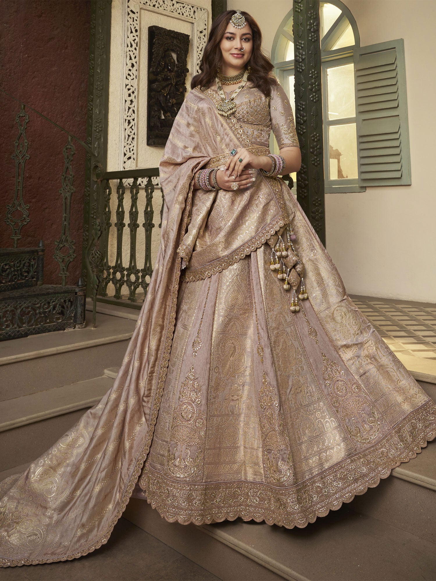 Beige Traditional Lehenga Set In Zari Weaving