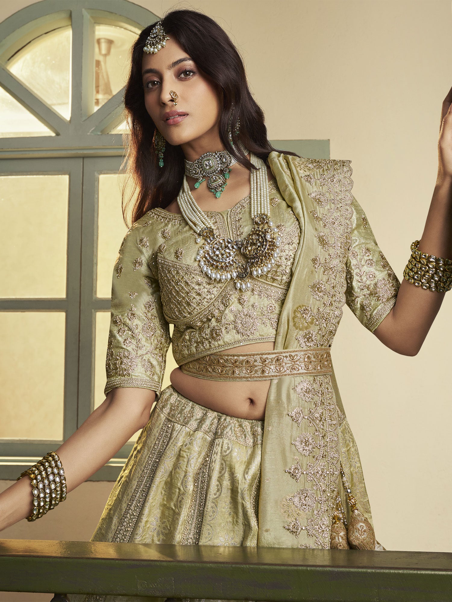 Green Silk Lehenga Set With Stone Embellishment