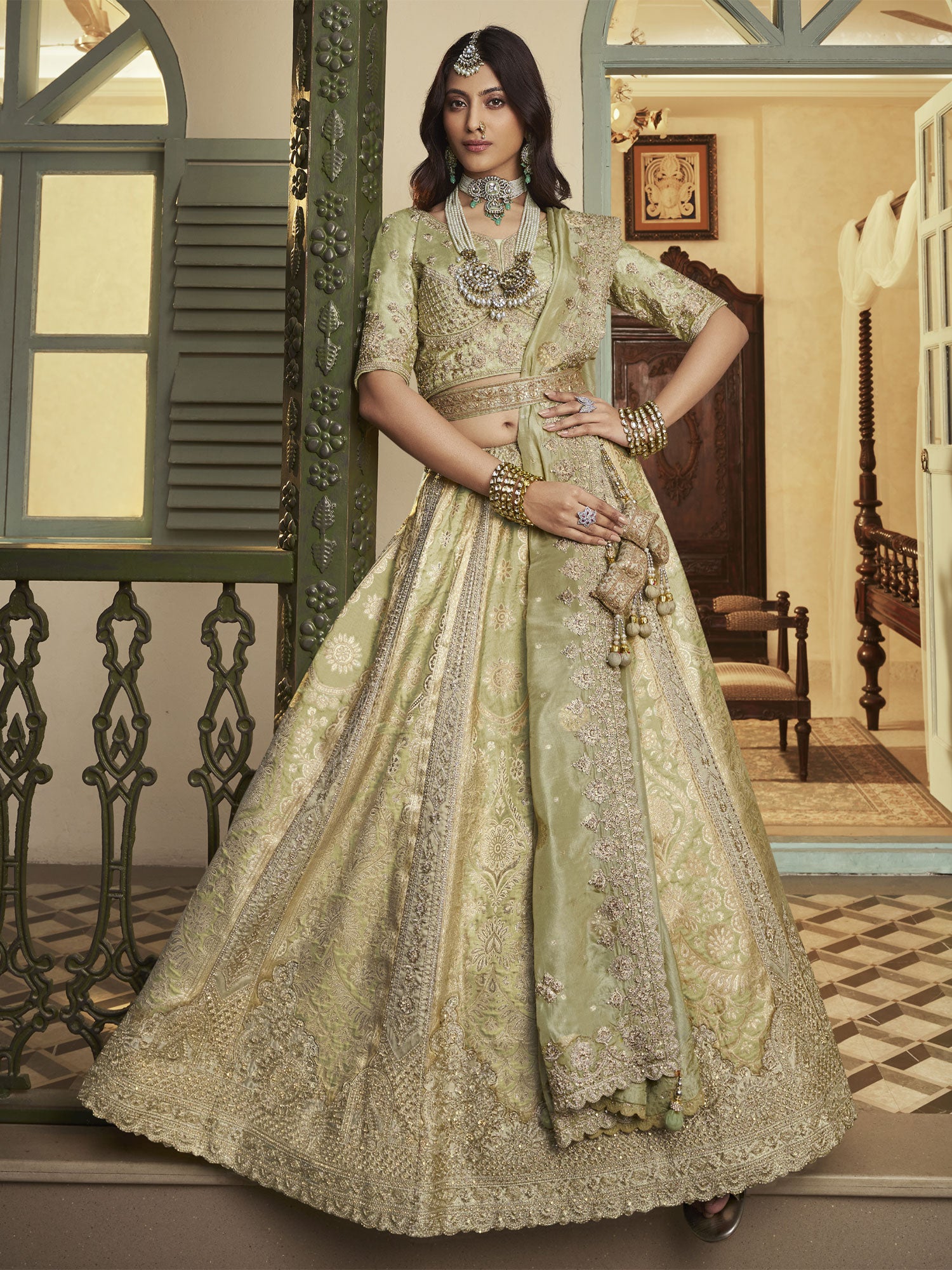 Green Silk Lehenga Set With Stone Embellishment