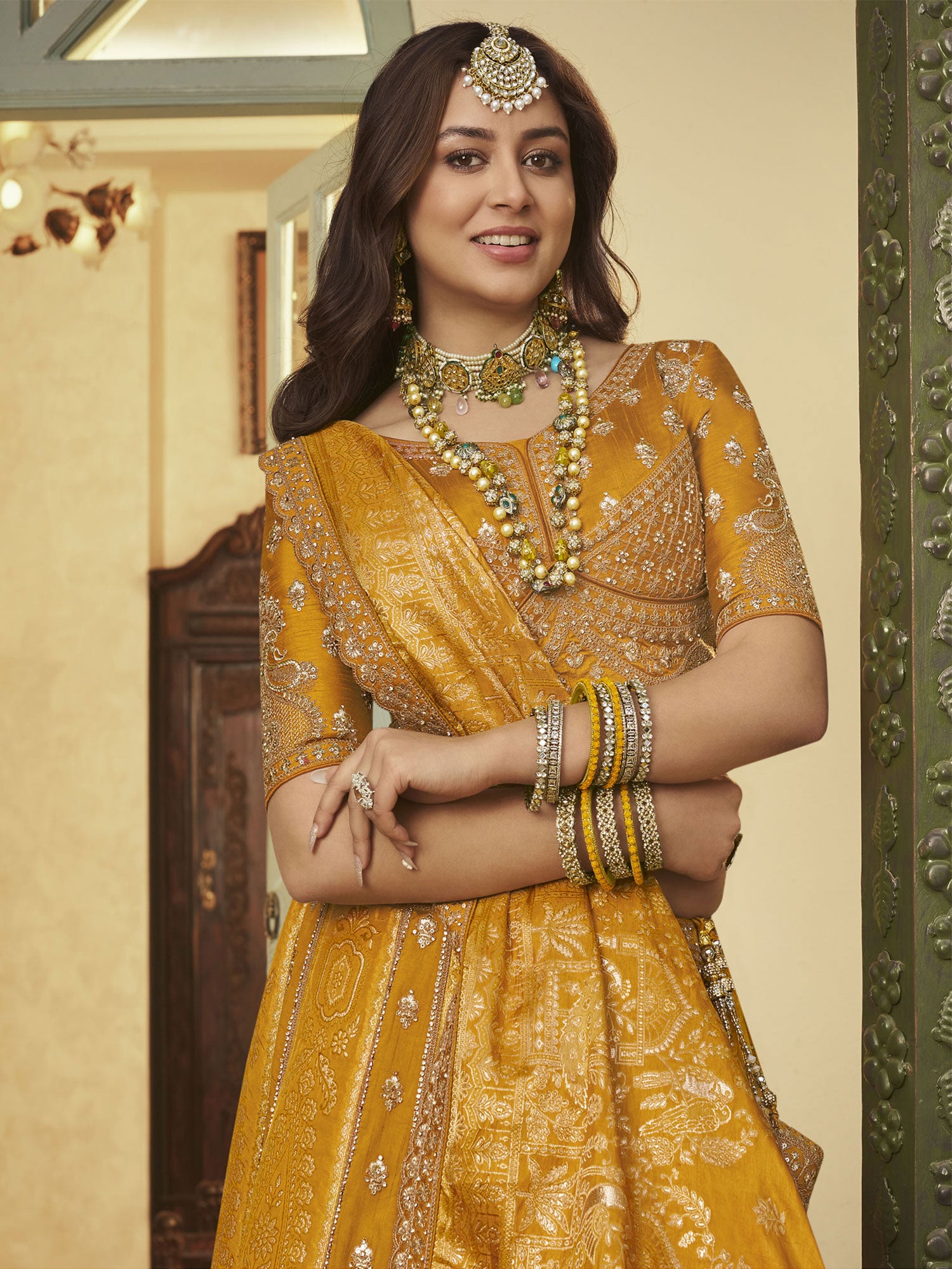 Yellow Zari Woven Work Bridal Lehenga Set