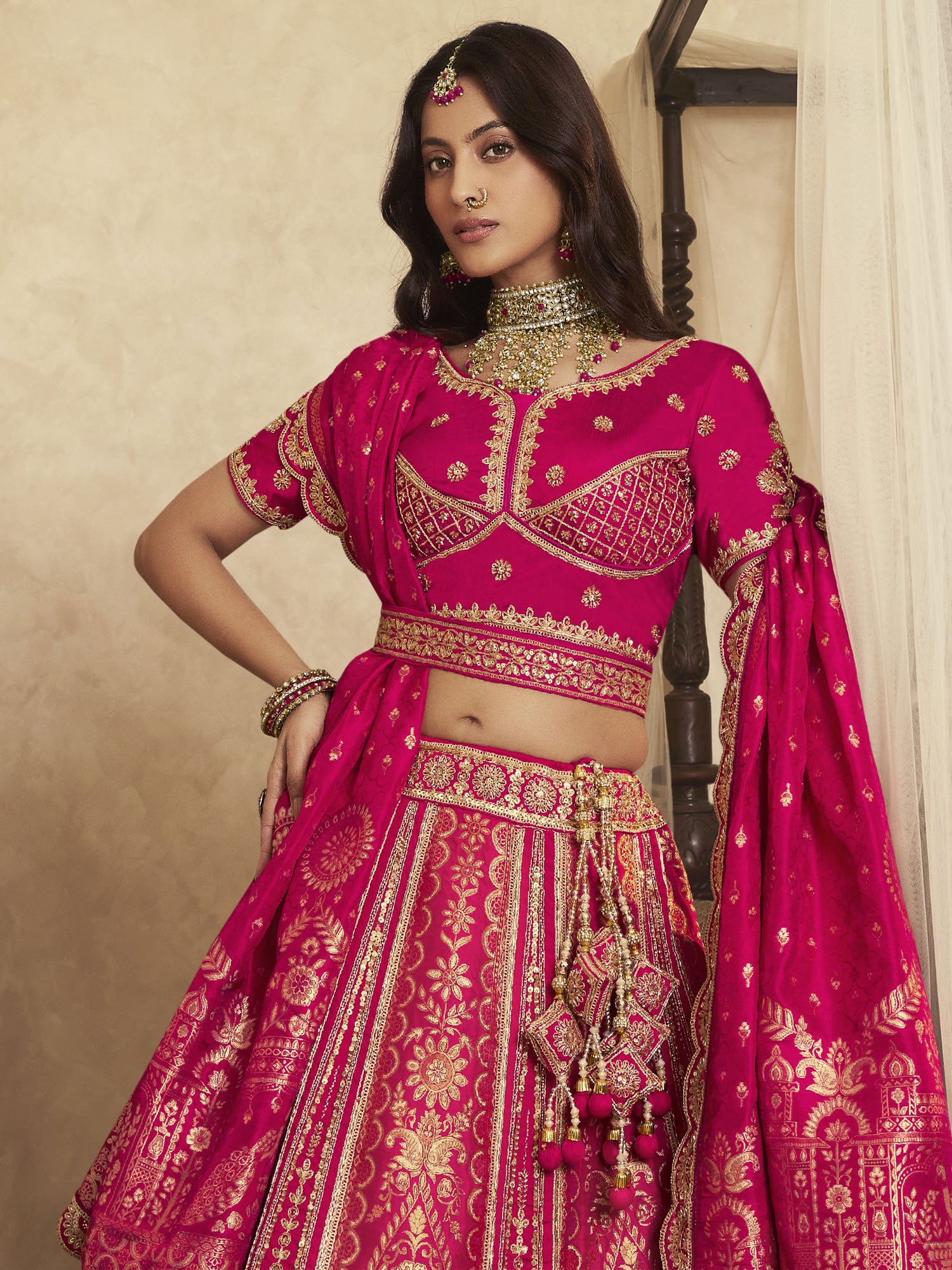 Rani Pink Bridal Lehenga Choli In Weaving