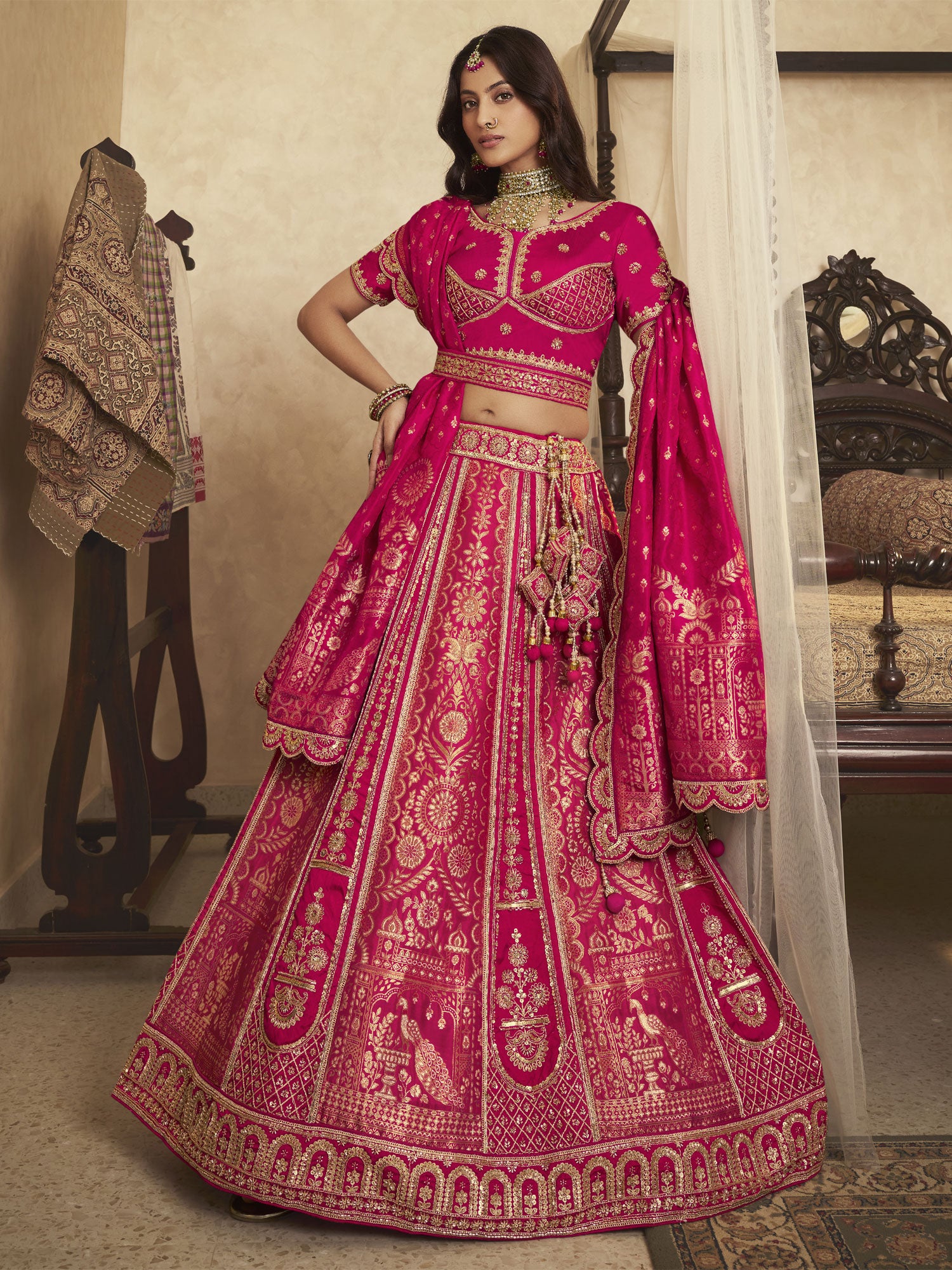 Rani Pink Bridal Lehenga Choli In Weaving