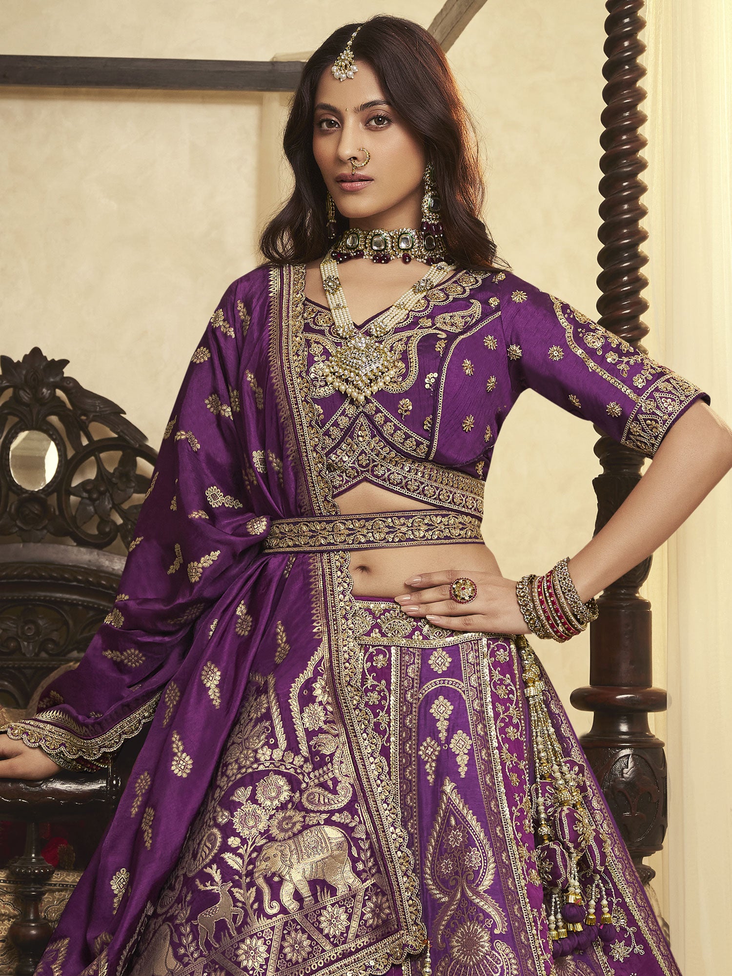 Dark Purple Zari Weaving Silk Lehenga Set