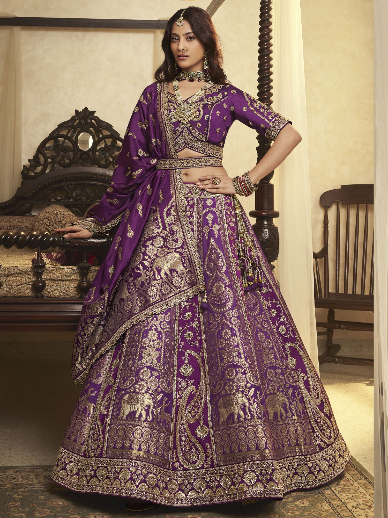 Dark Purple Zari Weaving Silk Lehenga Set