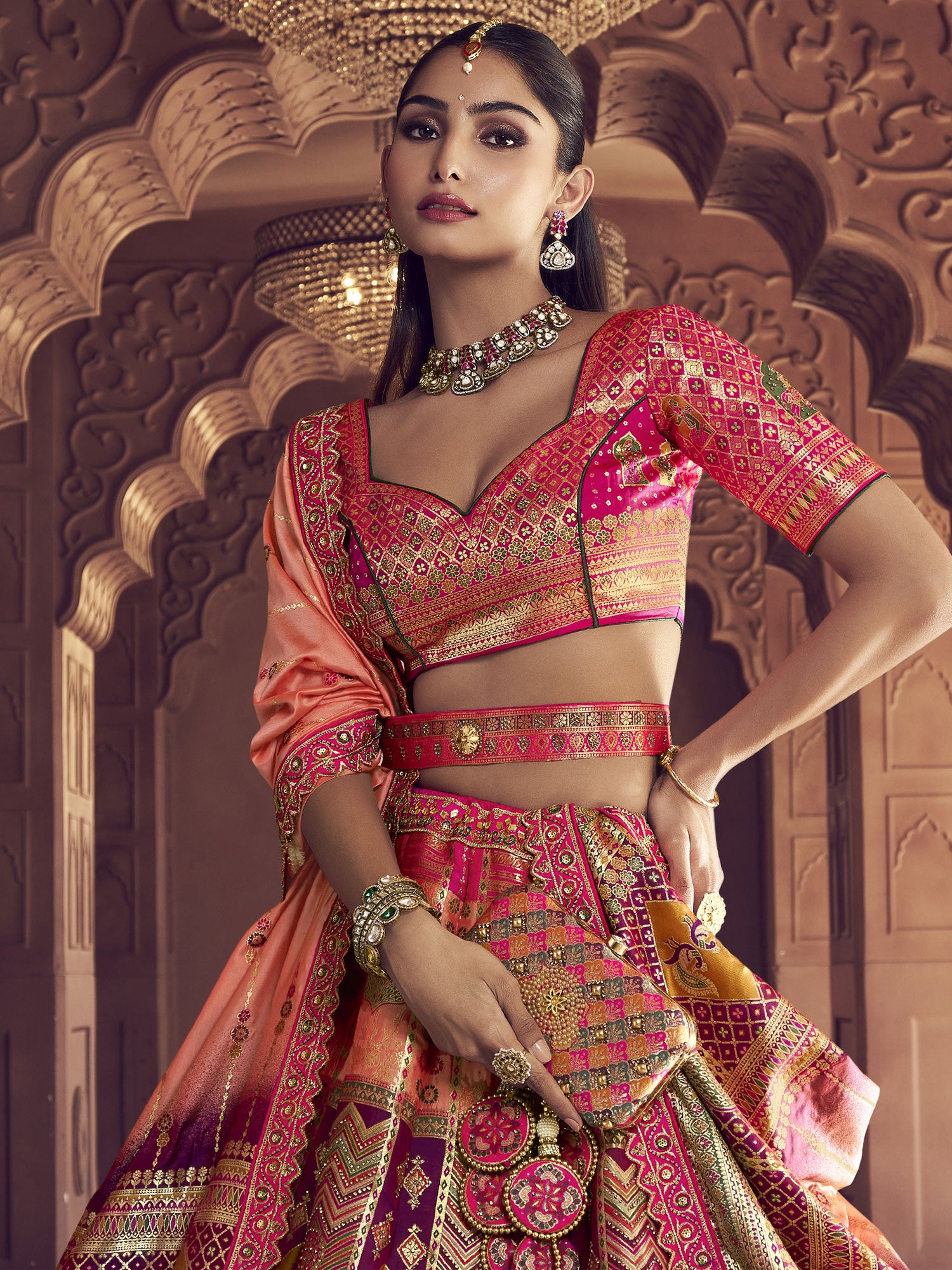 Multicolor Zari Weaving Bridal Lehenga Choli