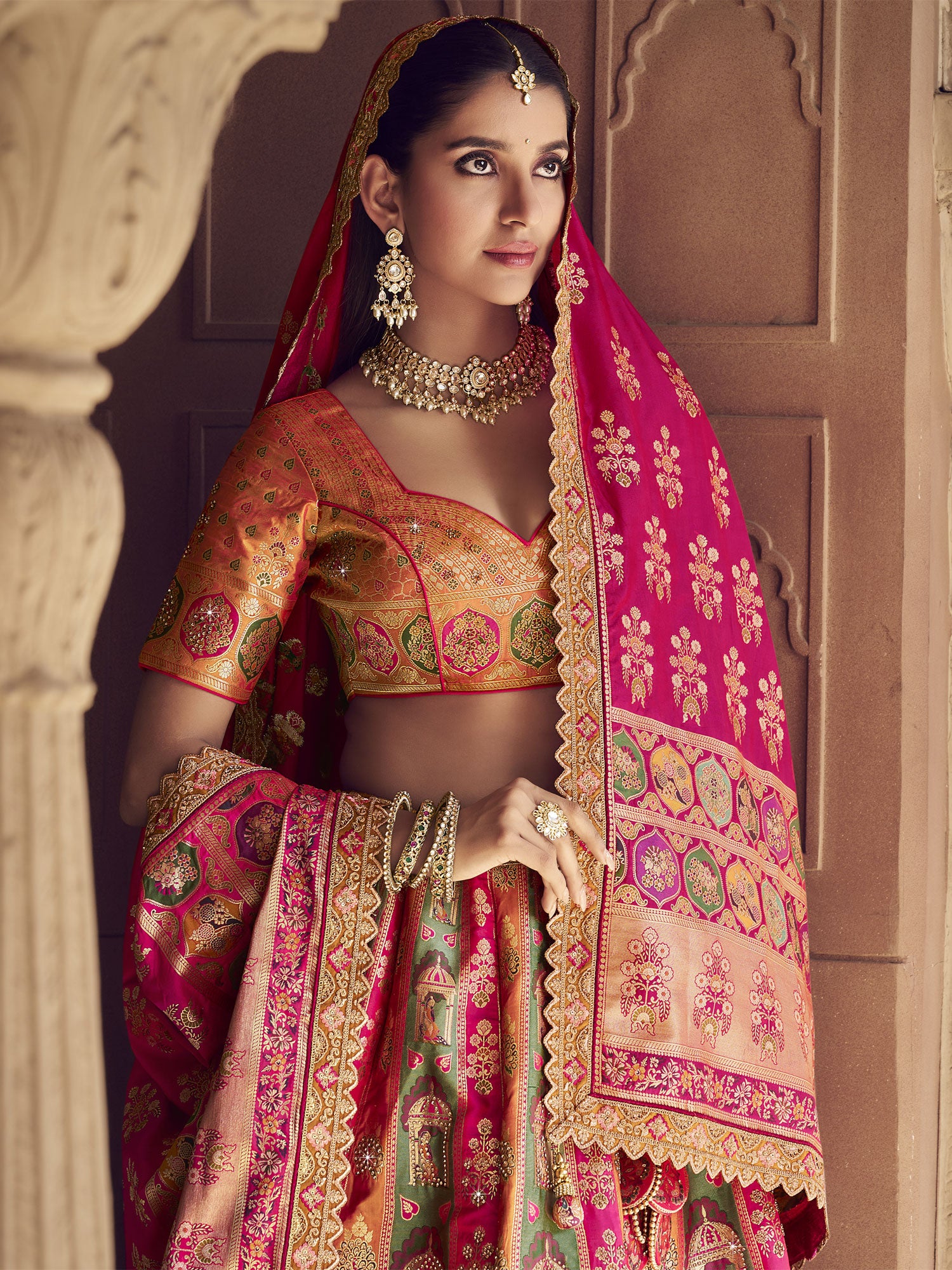 Multicolor Bridal Lehenga Set With Woven Dupatta