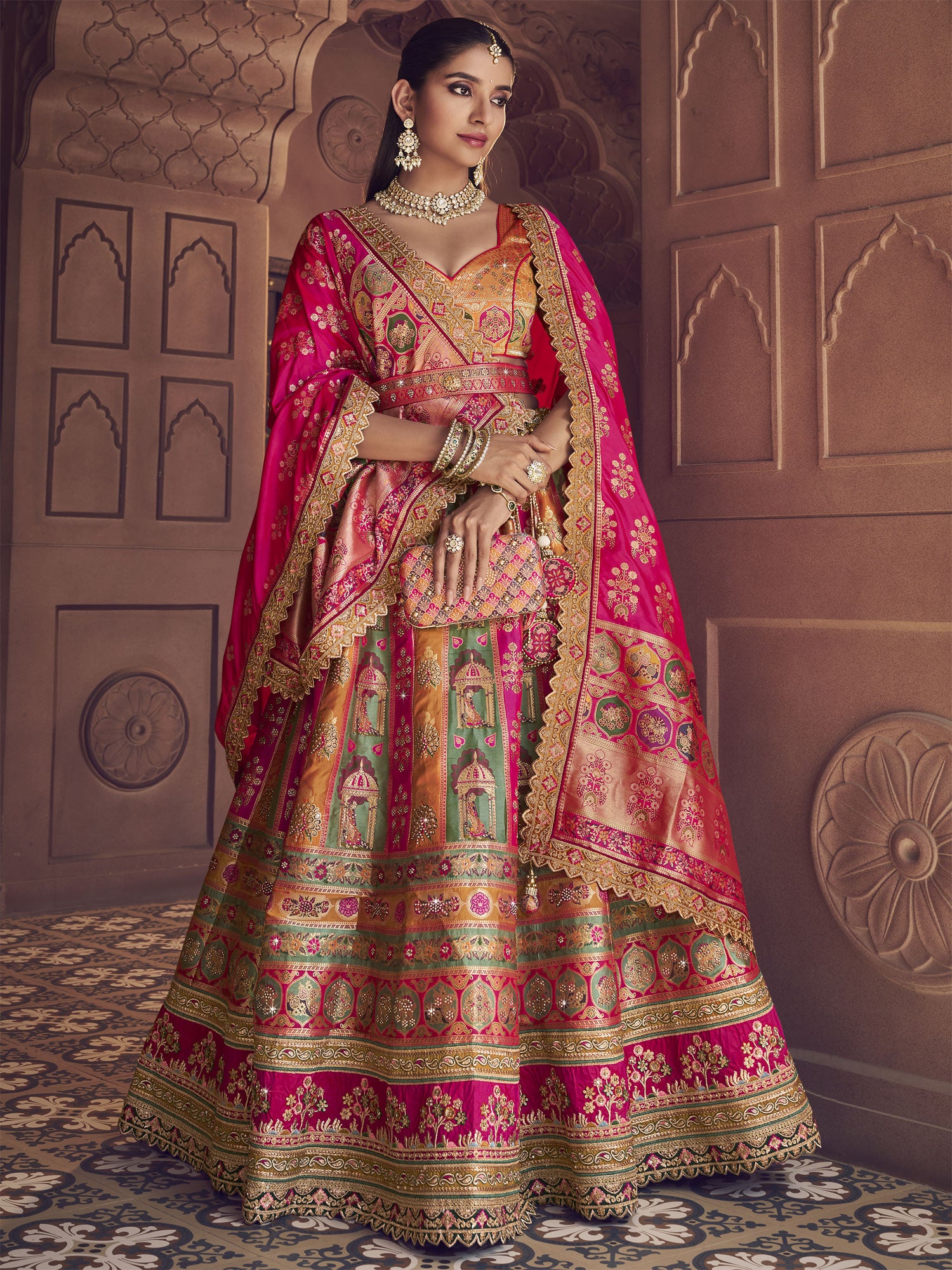 Multicolor Bridal Lehenga Set With Woven Dupatta