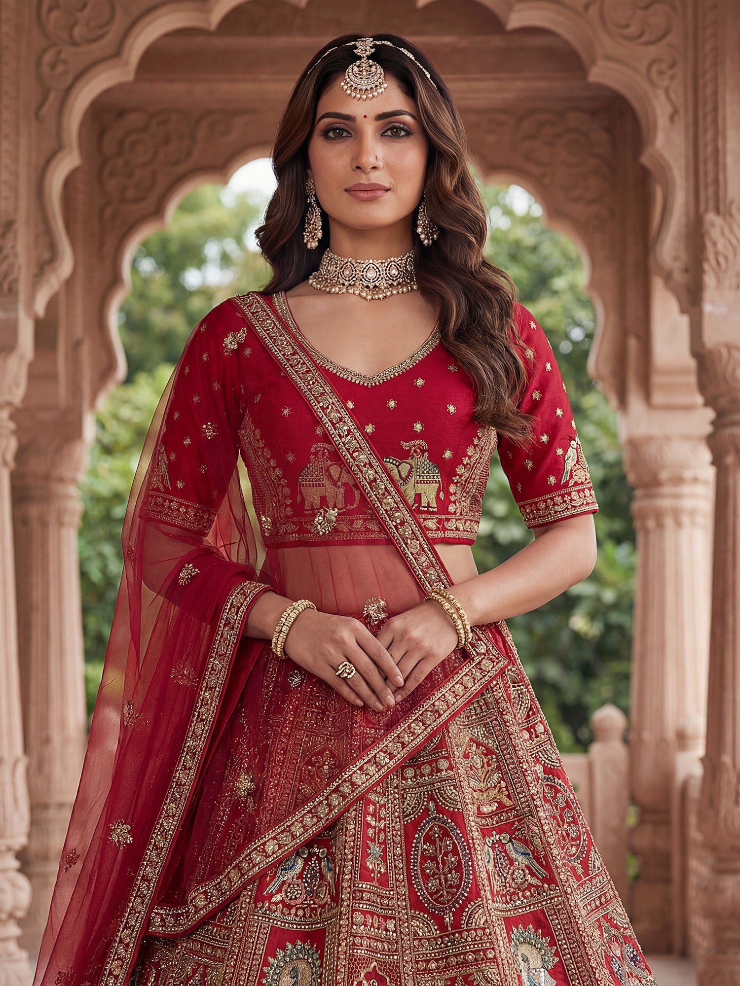 Red Bridal Lehenga Choli Set With Net Dupatta