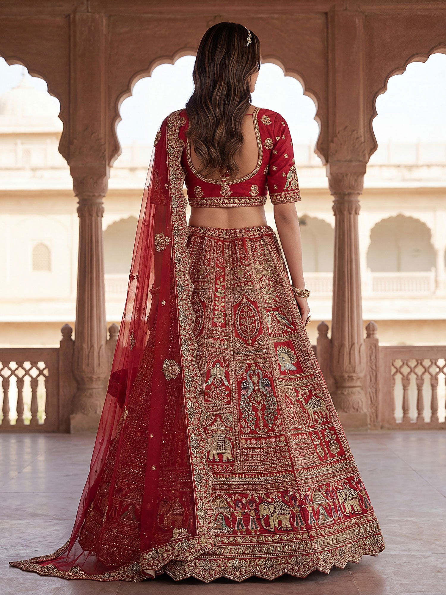Red Bridal Lehenga Choli Set With Net Dupatta