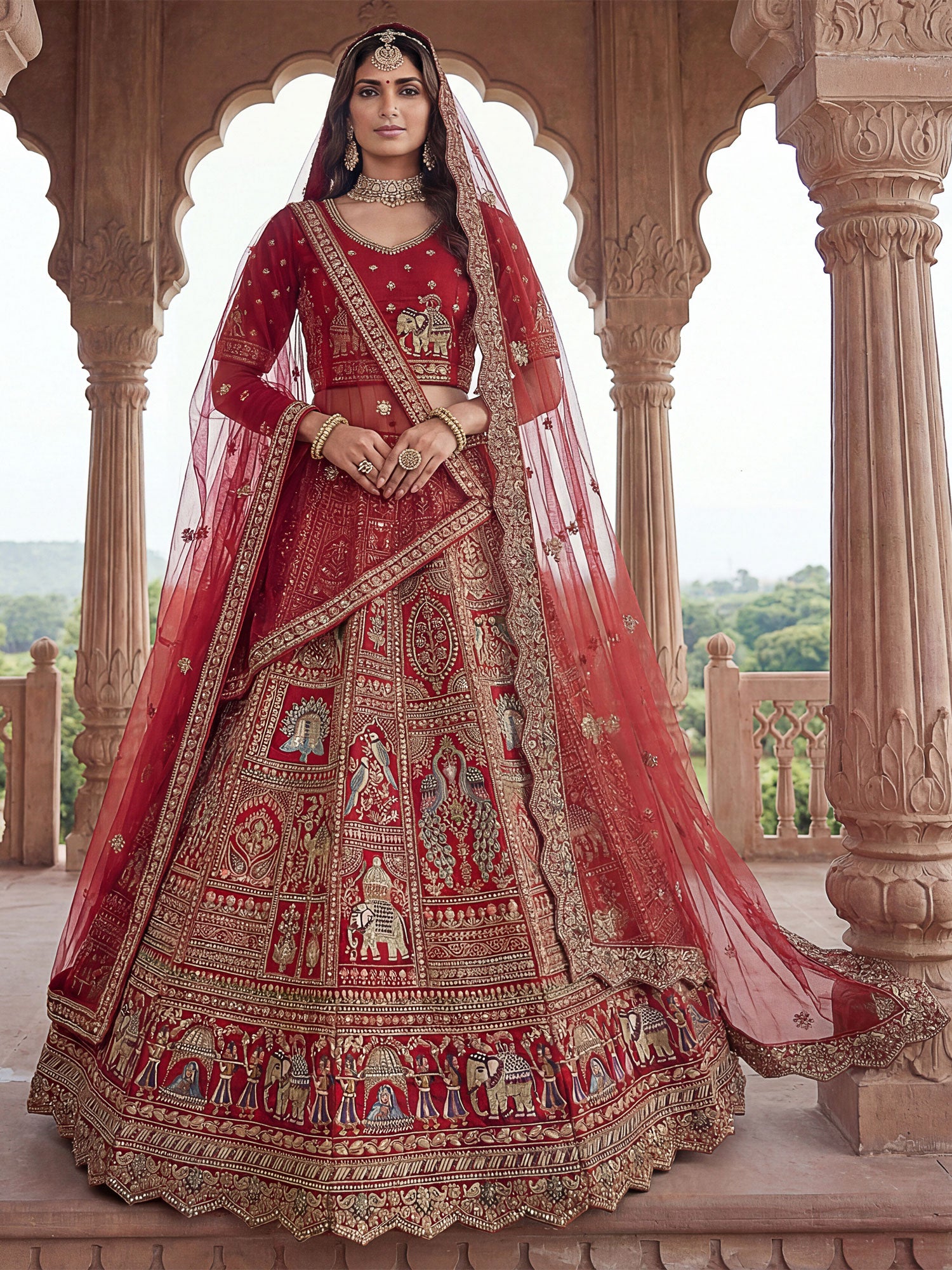 Red Bridal Lehenga Choli Set With Net Dupatta
