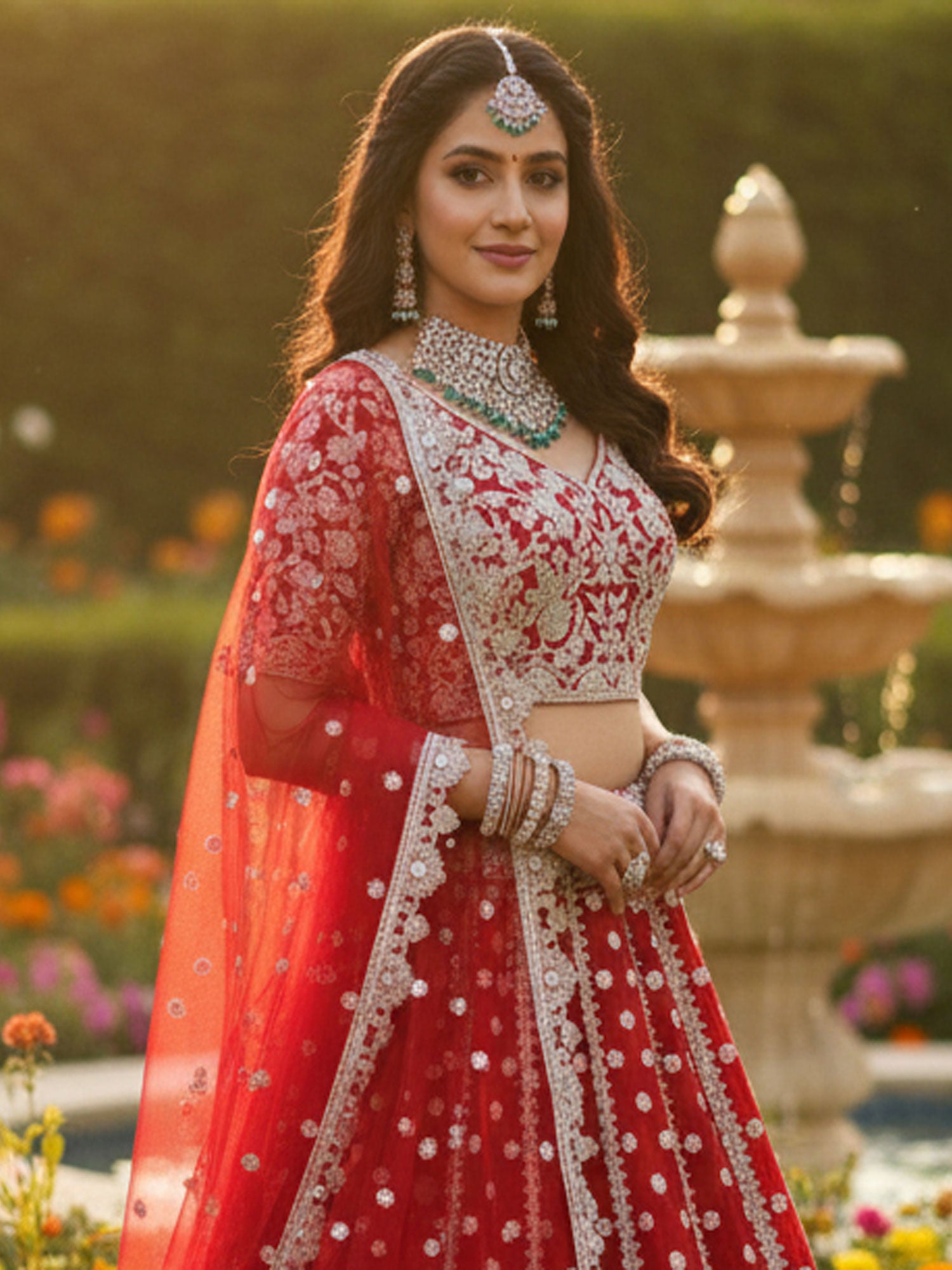 Red Butterfly Net Lehenga Set With Dupatta
