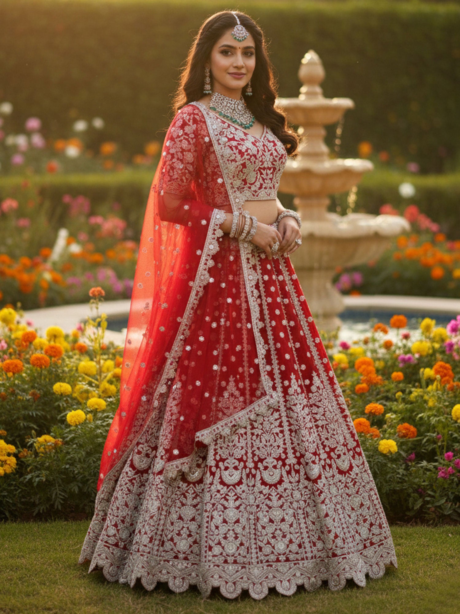 Red Butterfly Net Lehenga Set With Dupatta