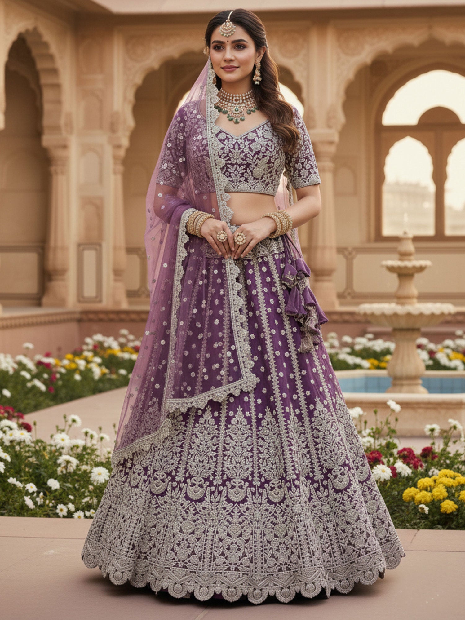 Purple Heavy Zari Embellished Bridesmaid Lehenga Set