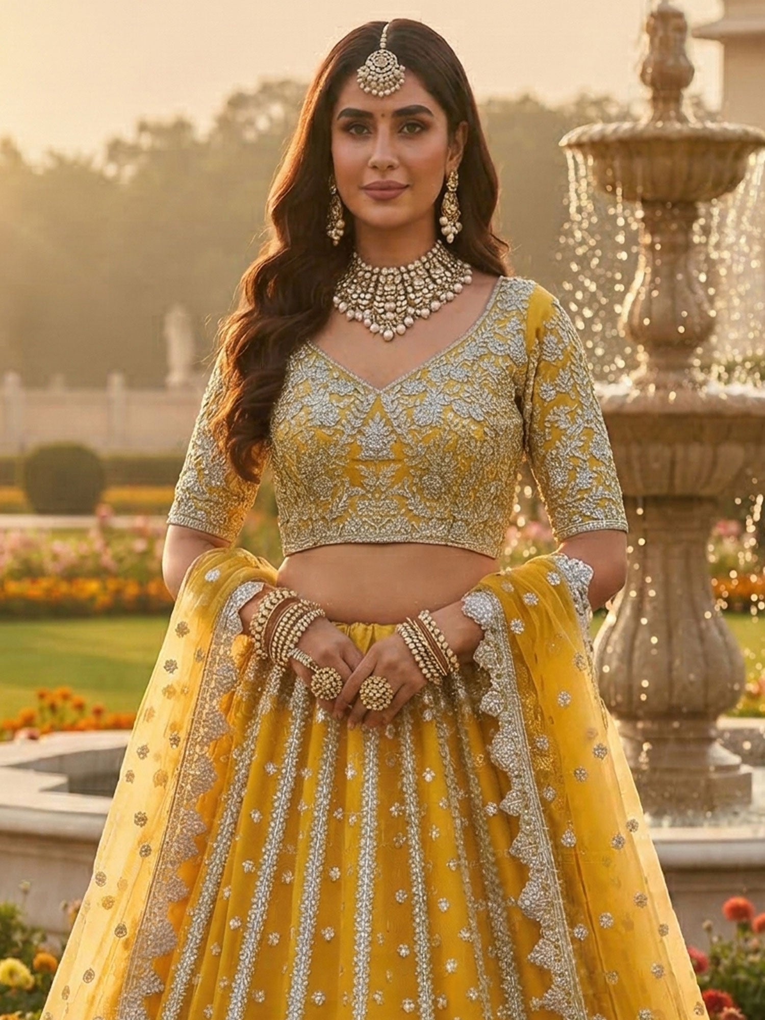 Yellow Wedding Net Lehenga Choli With Dupatta